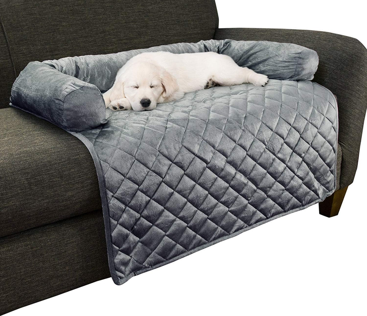 Couch Cover for Dogs - 35X35 Pet Furniture Protector with Memory Foam Neck Bolster, Quilted Fabric, and Water-Resistant Base Layer by PETMAKER (Gray)