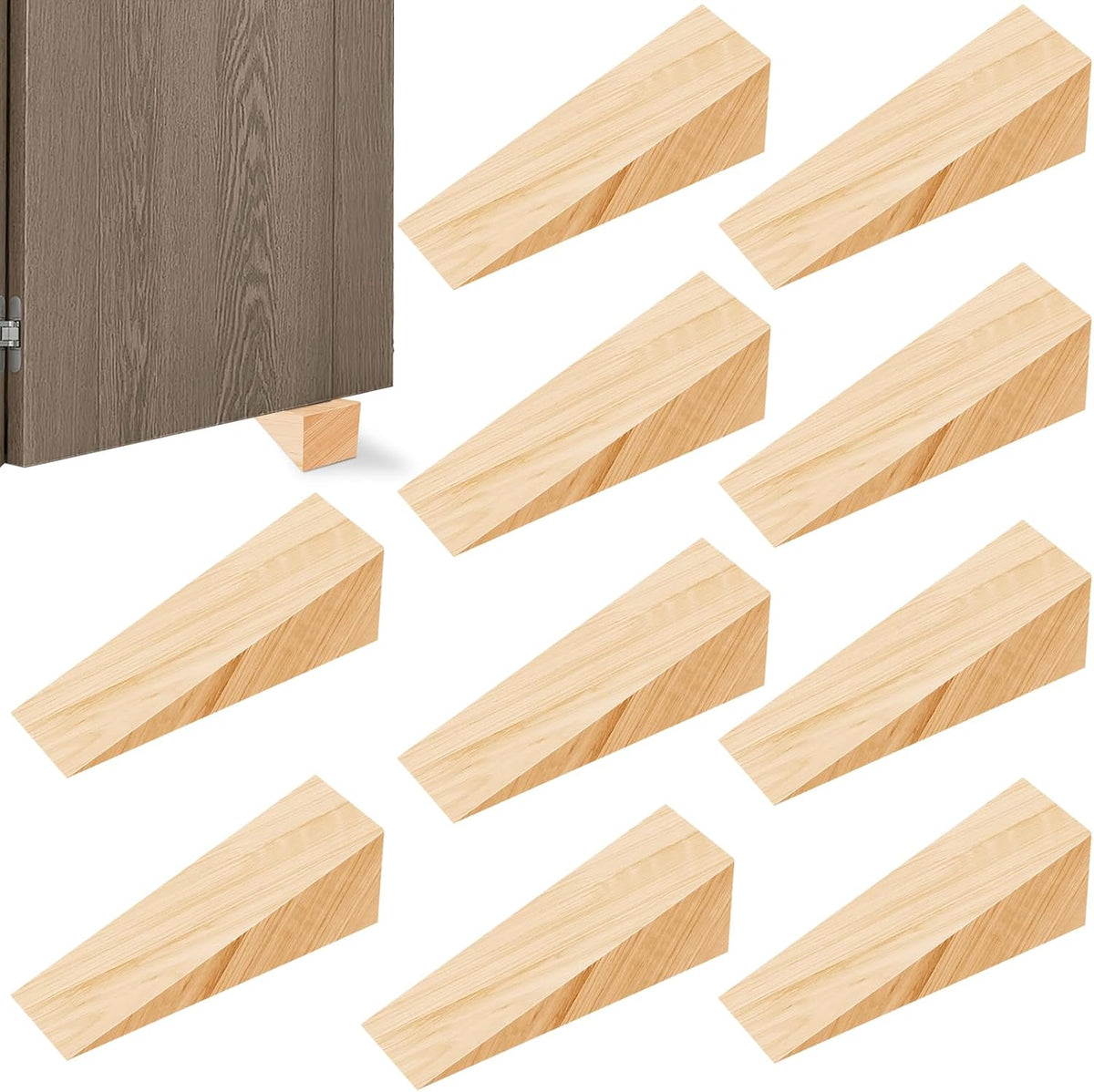 10 Pack Wooden Door Stoppers,Non-Slip Soild Wood Door Wedges for Bottom of Door,Triangle Wood Block Security Door Stopper for Home Office Chair Caning - 4.8 X1.5X1.5 Inch