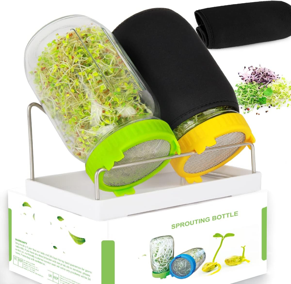 Kitmiido Seed Sprouting Kit, 2 Large Wide Mouth Mason Jars with Sprout Lids, Blackout Sleeves, Drain Tray, Stainless Steel Stand, Sprouts Growing Kit for Bean, Broccoli, Alfalfa (Yellow+Green)