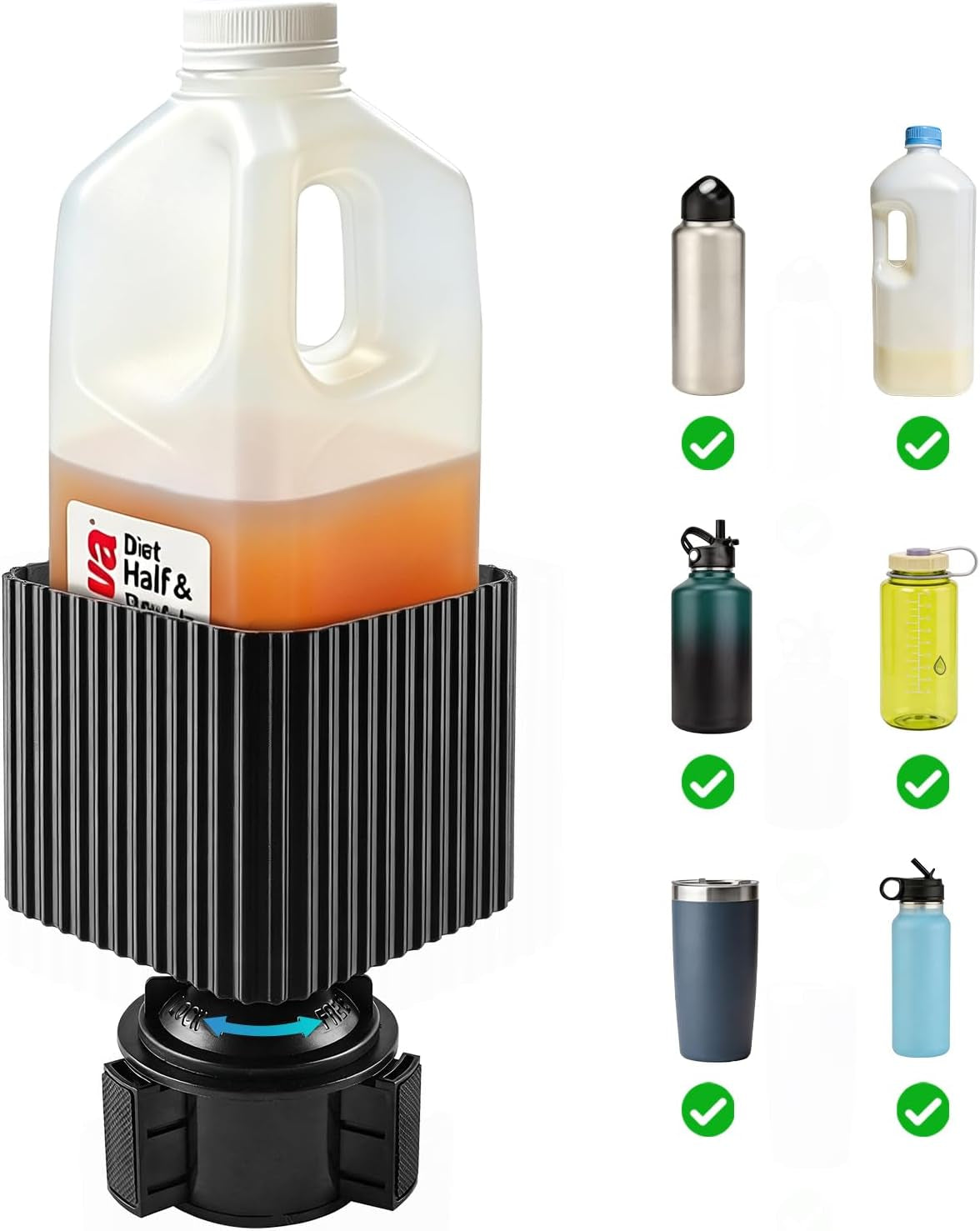 Half-Gallon Car Cup Holder Expander Organizer with Adjustable Base