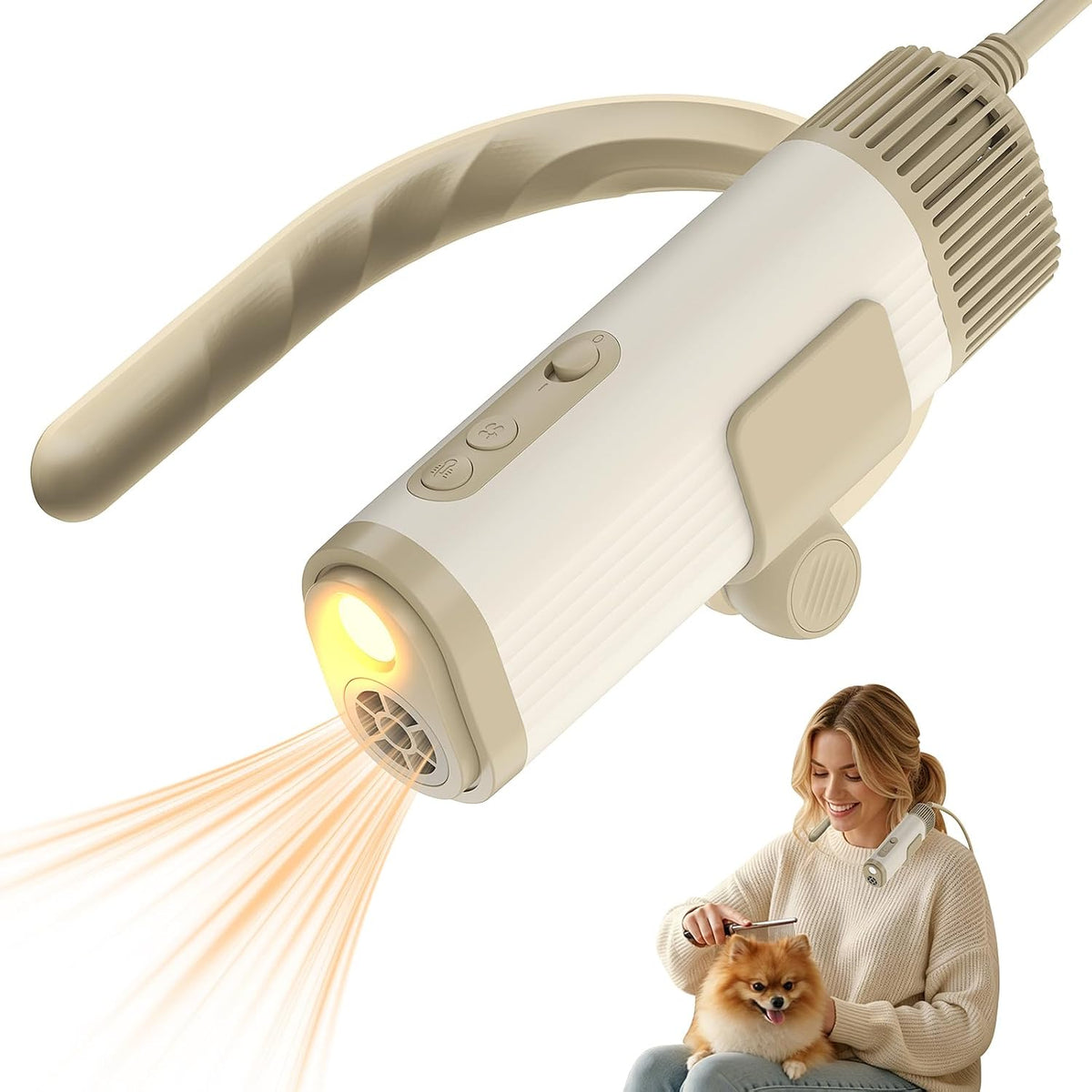 Hands-Free Dog Hair Dryer, Neck Hanging Low Noise Pet Grooming Blower for Small & Medium Dogs Cats, Fast Drying, Alternating Hot & Cold Air, Adjustable Heat & Speed, Ultra-Lightweight Portable, Beige