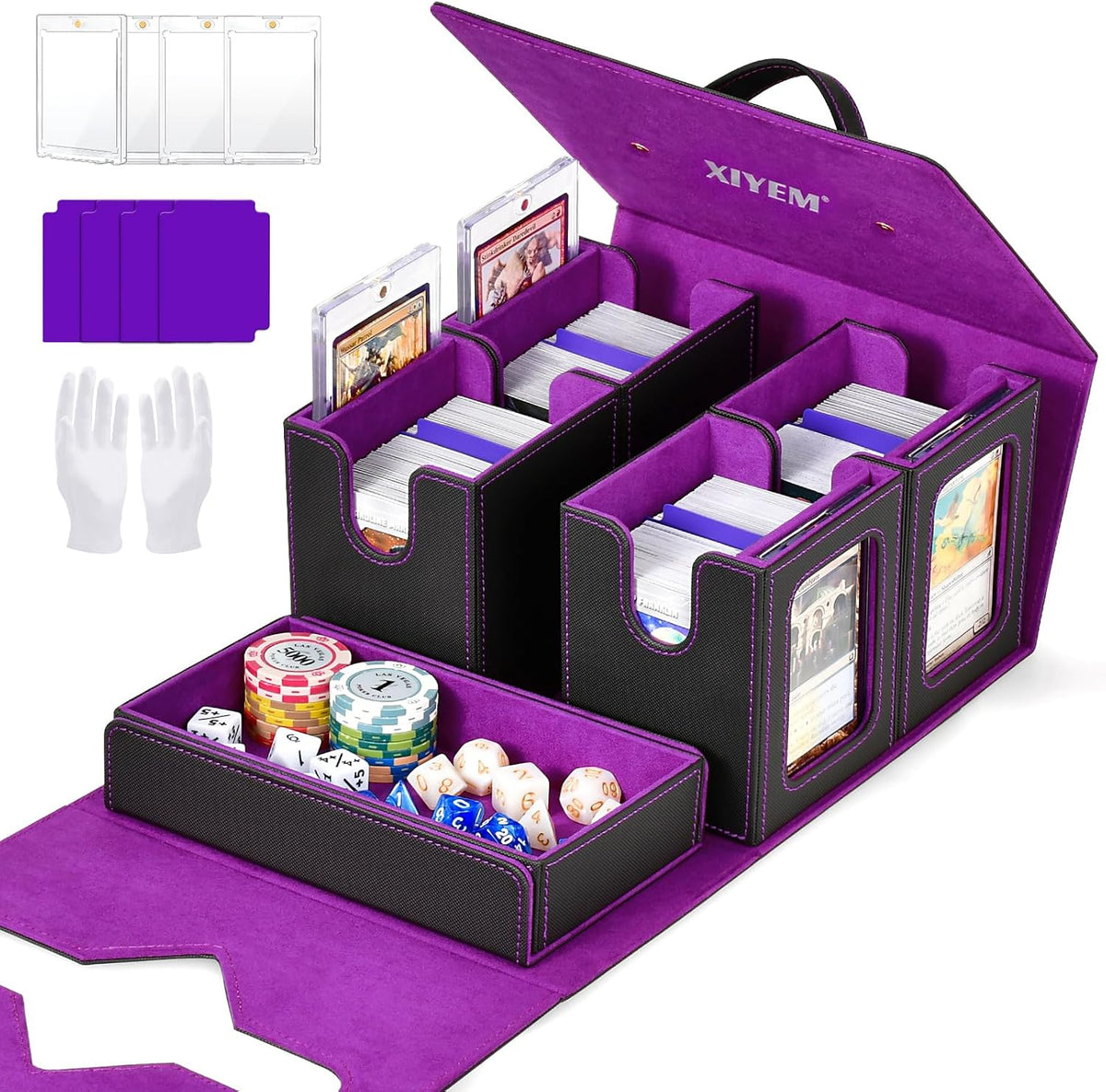 Commander Deck Box for MTG, Trading Card Storage Box Holds 400+ Double-Sleeved Cards, 5 in 1 Removable Card Case with Dice Tray, Display Window with Magnetic Card Holders for TCG/CCG (Black Purple)