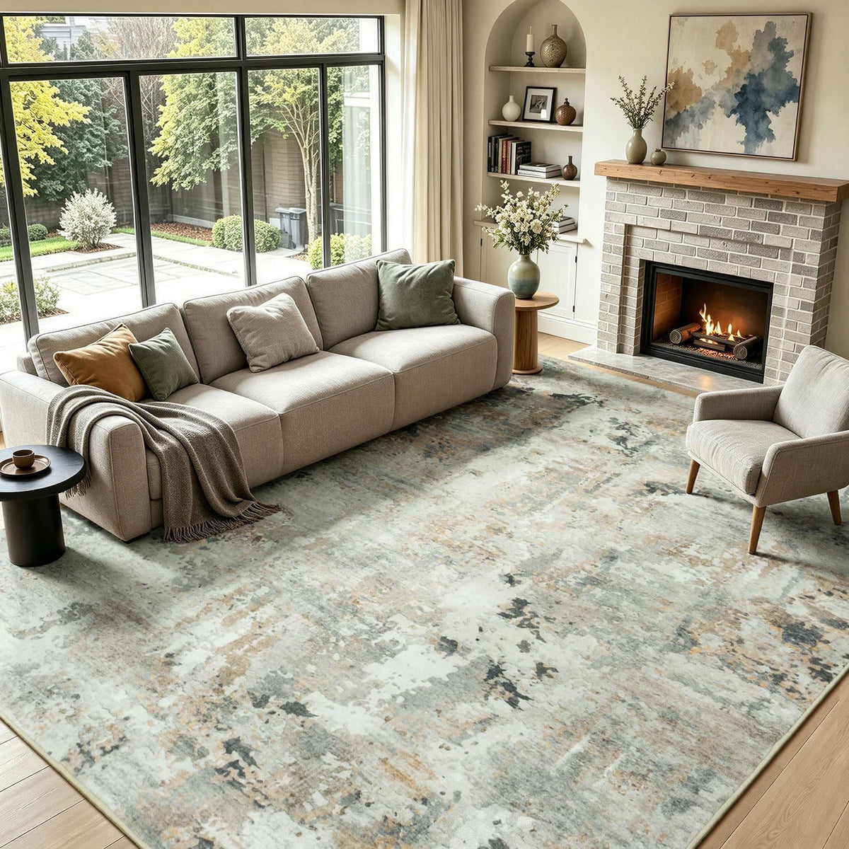 8X10 Area Rugs for Living Room, Washable Abstract Rug, Brown/Grey