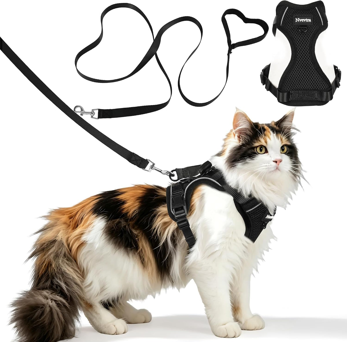 Cat Harness and Leash Set, Adjustable Mesh Vest (Black, S (7-12Lb)