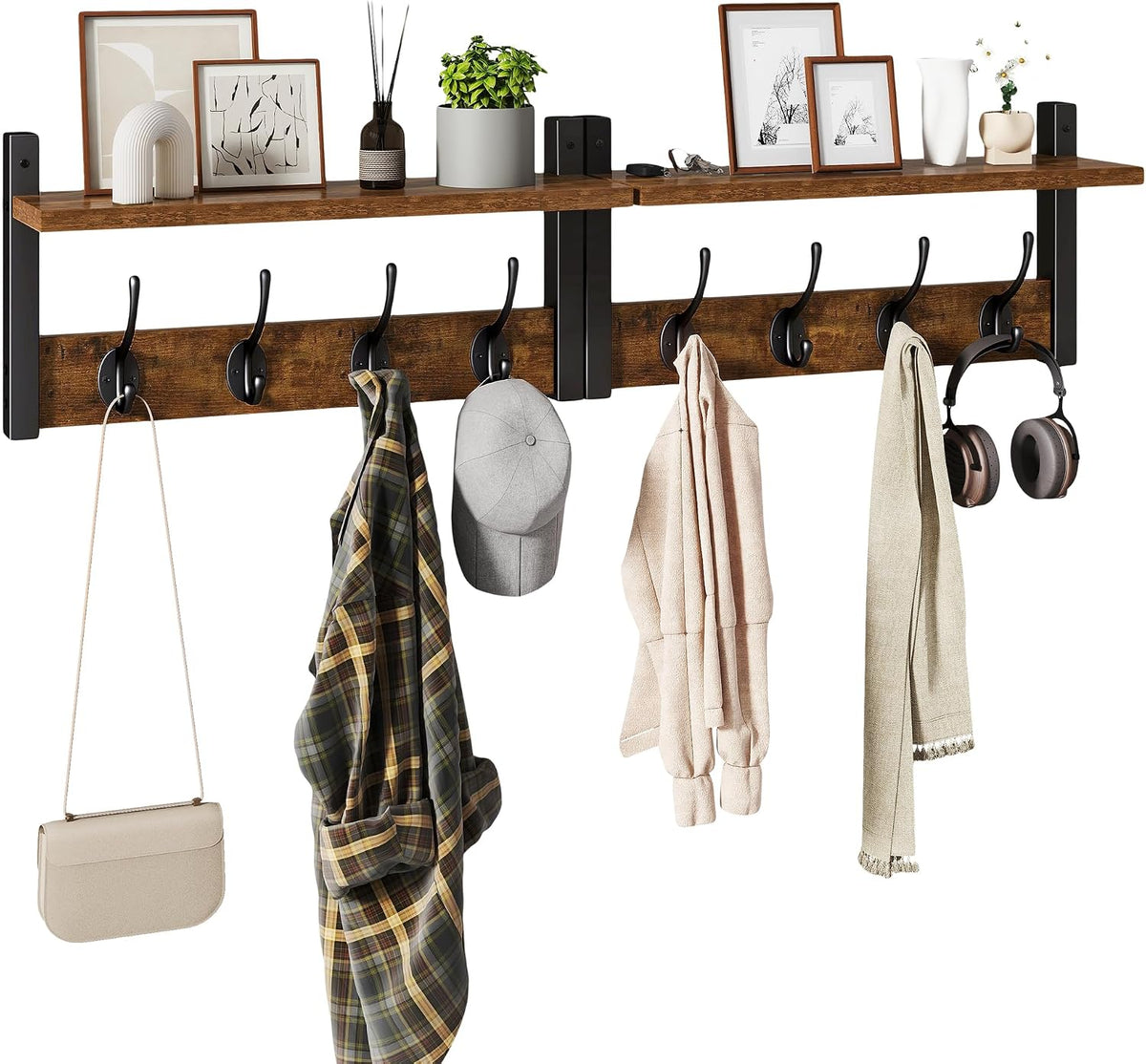 YMYNY Coat Rack Wall Mount with Shelf and Hooks, Rustic Brown UHWS001H-2