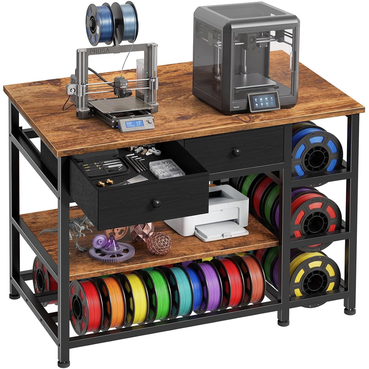 3D Printer Stand with Storage,3-Tier Heavy Duty 3 D Printer Table Shelf with 2 Fabric Drawers, 3 D Printing Desk for Tools and Supplies(Brown)