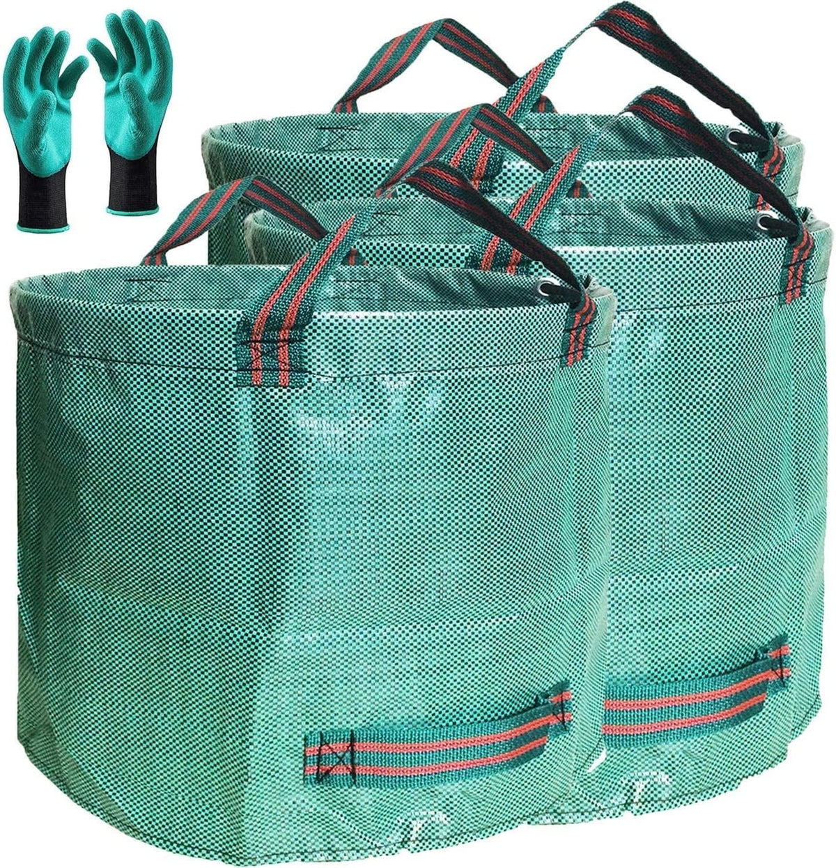 Professional 3-Pack 137 Gallon Extra Large Lawn Garden Bags (D34,H34 In) Reusable Yard Waste Bags with Gardening Gloves for Big Leaf Bag,Lawn Weeds,Grass Clippings Bag,Yard Debris Containers 4 Handles