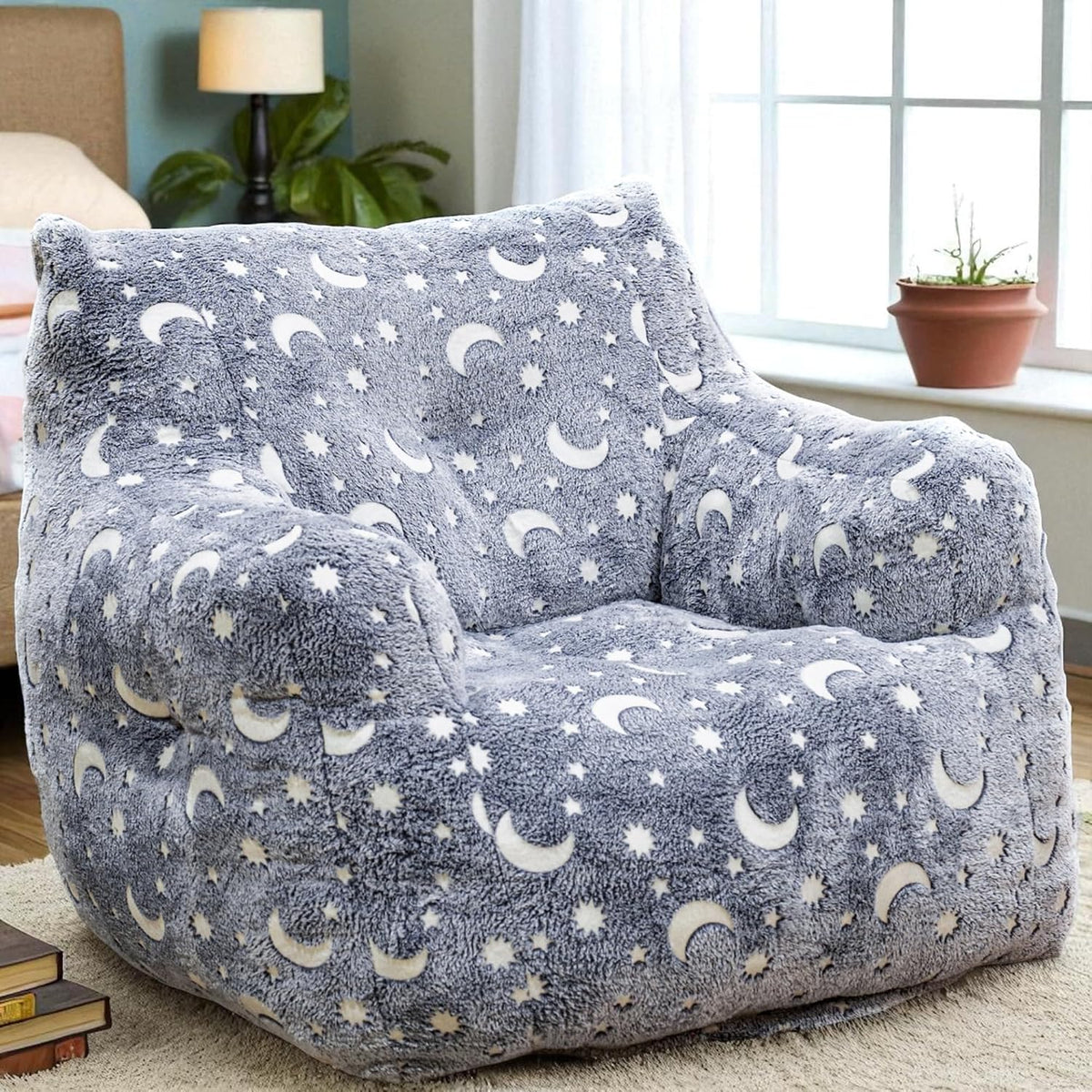 Bean Bag Chairs, Faux Fur Beanbag Chair with Memory Foam for Bedroom, Living Room, Reading, Adults - Grey - Star - Glow in the Dark
