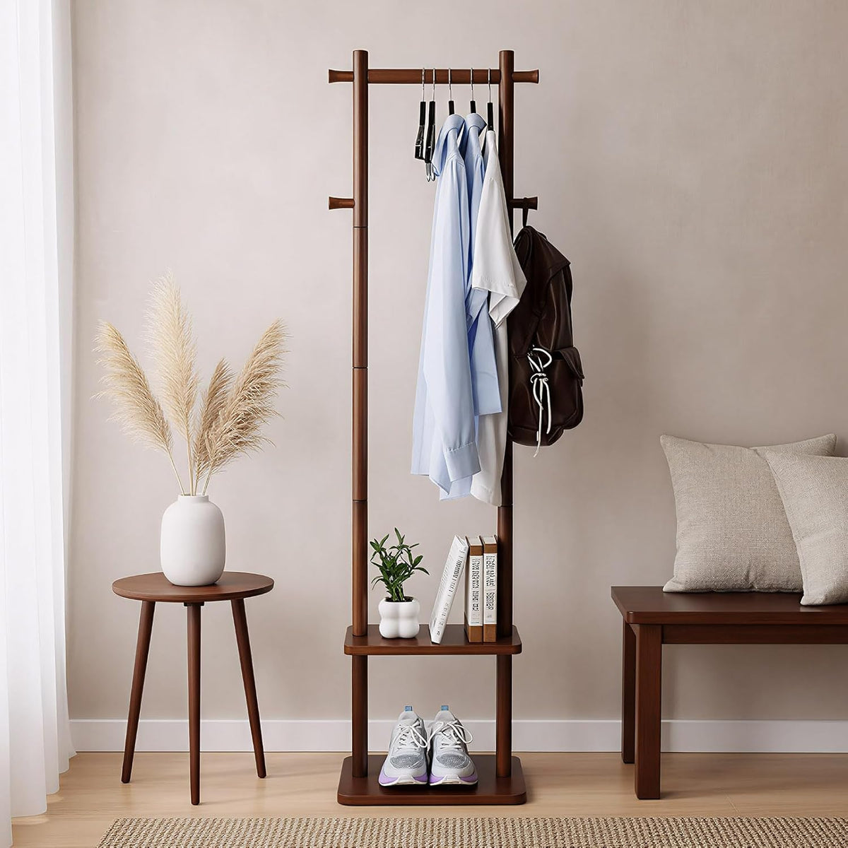 Solid Wood Coat Rack Freestanding,Clothing Tree Racks with 2-Layer Shelves Storage & 4 Hooks,Heavy Duty Stury Base for Entryway, Livingroom, Bedroom,Easy to Assemble(Brown)