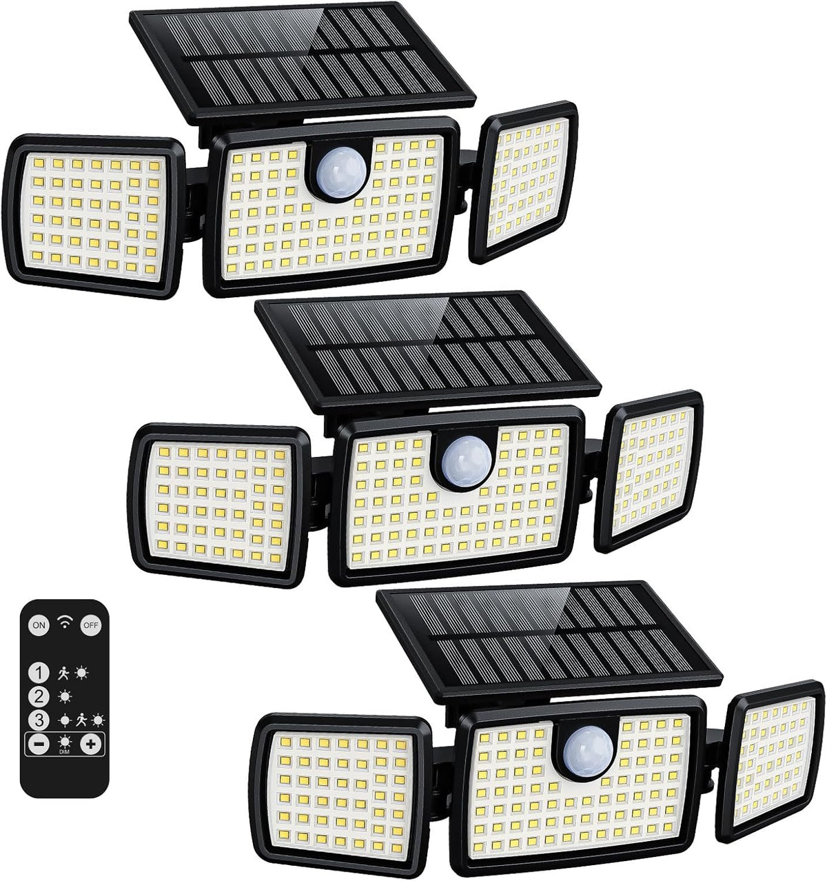 Solar Lights Outdoor, 3 Head Solar Motion Lights Outdoor with 2500LM High Brightness, Built-In Bigger Tempered Glass Solar Panel, Sensitive PIR Motion Inductor(3-Pack)