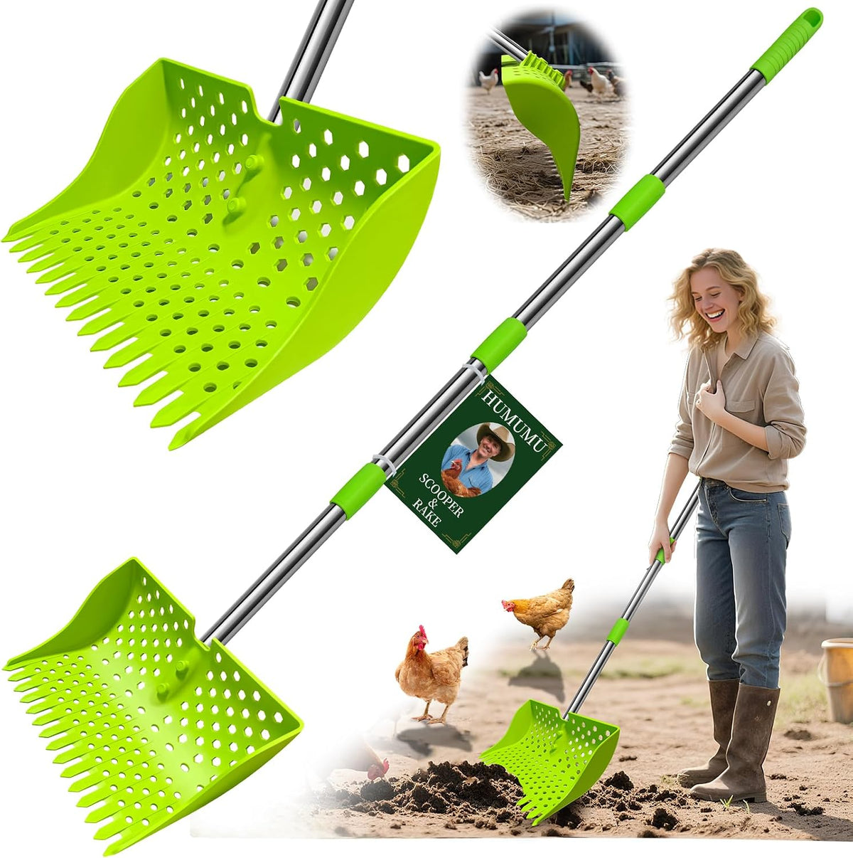 2-In-1 Chicken Poop Scooper & Rake, 20–61" Extendable Handle