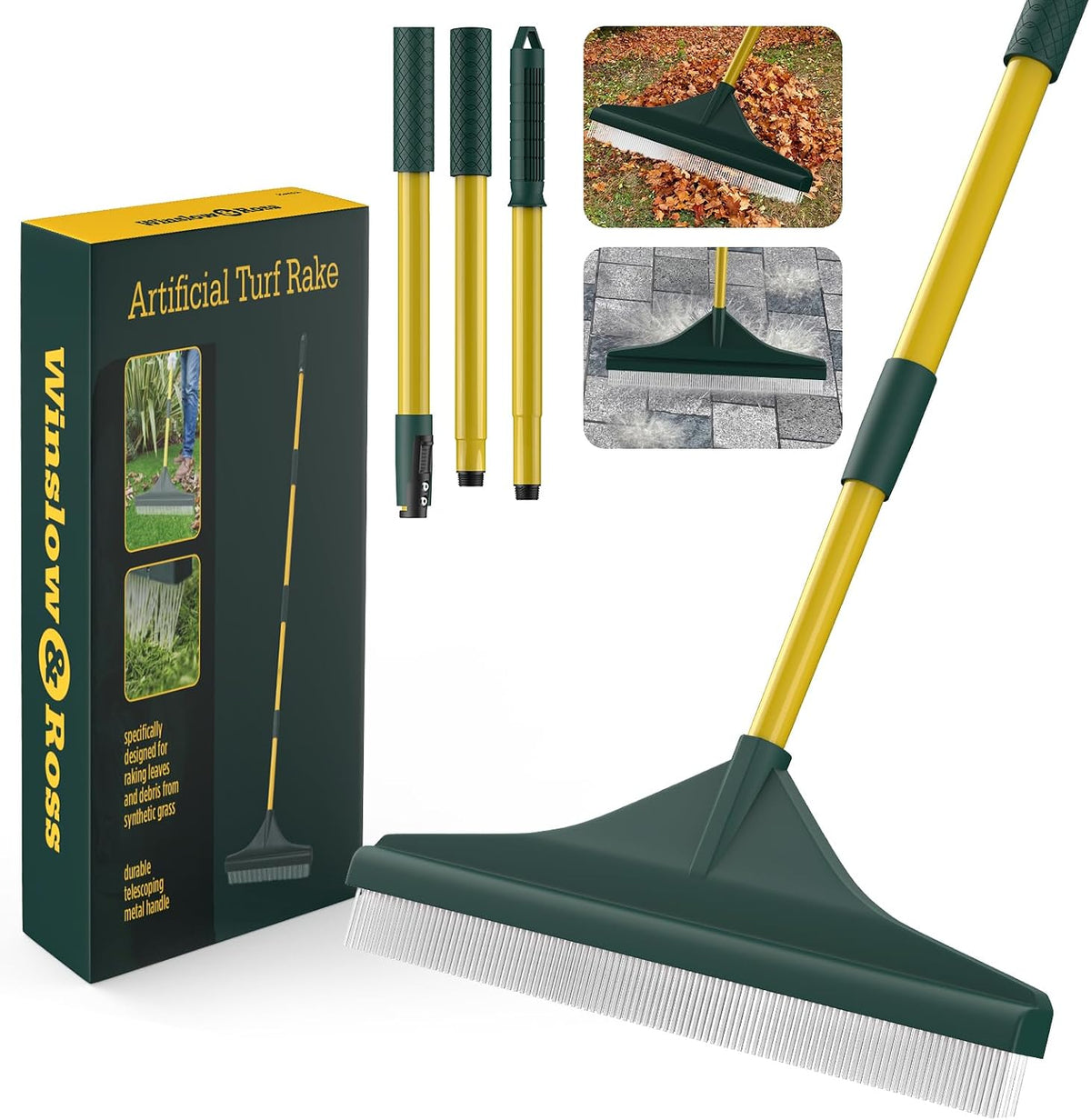 Artificial Turf Rake with Steel Telescopic Handle, 32 to 55 Inch 3 Piece-Pole Easy Storage Design, Garden Hand Boom Rake for Artificial Grass, Carpet Pet Hair, Lawn Leaves and Debris Remove, Yellow