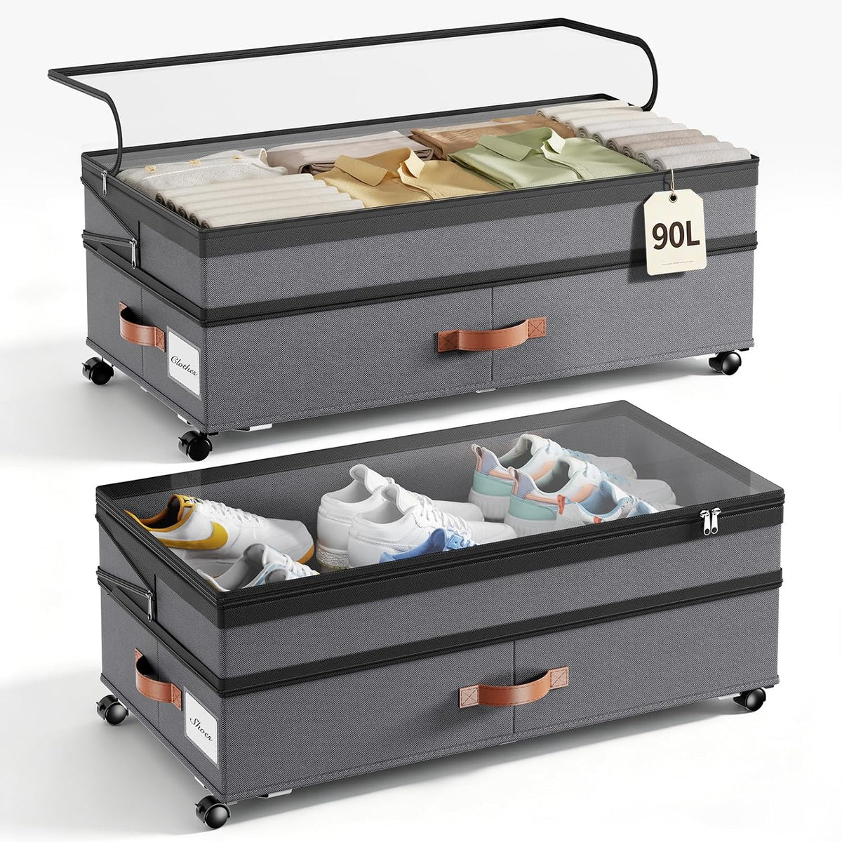 Yecaye 90L under Bed Storage with Wheels, Height Adjustable, 2 Pack, Grey