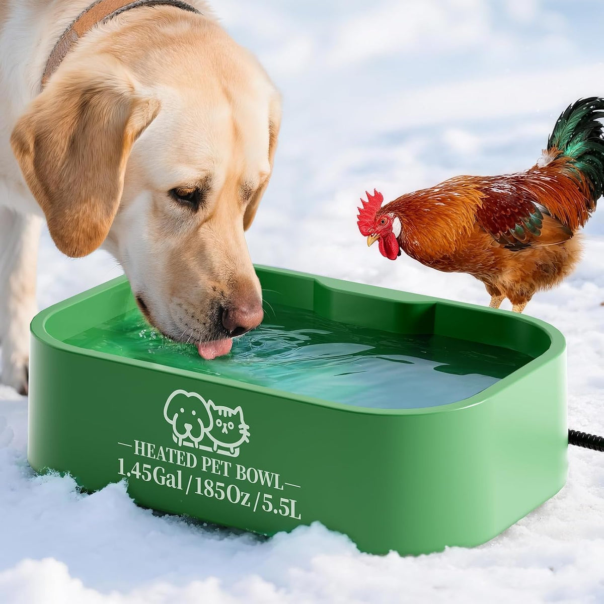 1.45 Gallon Extra-Large Heated Water Bowl for Dog&Cat,Outdoor Heated Dog Bowl with Anti-Chew Cord,Waterproof Heated Pet Bowl Provides Drinkable Water in Winter for Chickens,Squirrels,Rabbits,Green