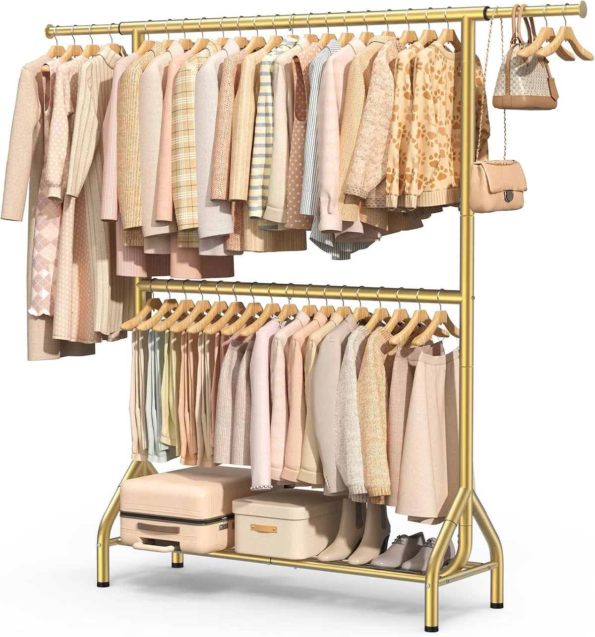 EAGMAK Double Rod Clothing Rack Load 622 LBS, Heavy Duty Clothes Rack for Hanging Clothes, 82.68 Inch High Garment Rack with Storage Shelves, Metal Clothing Hanger Closet Wardrobe Organizer (Gold)