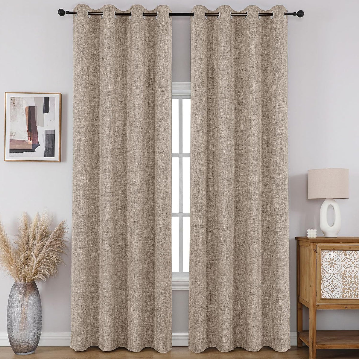 CUCRAF 100% Blackout Window Curtains 84 Inches Long 2 Panels Set, Faux Linen Look Thermal Insulated Grommet Drapes, Room Darkening Curtain for Bedroom Living Room(W52 X L84 Inch, Light Khaki)