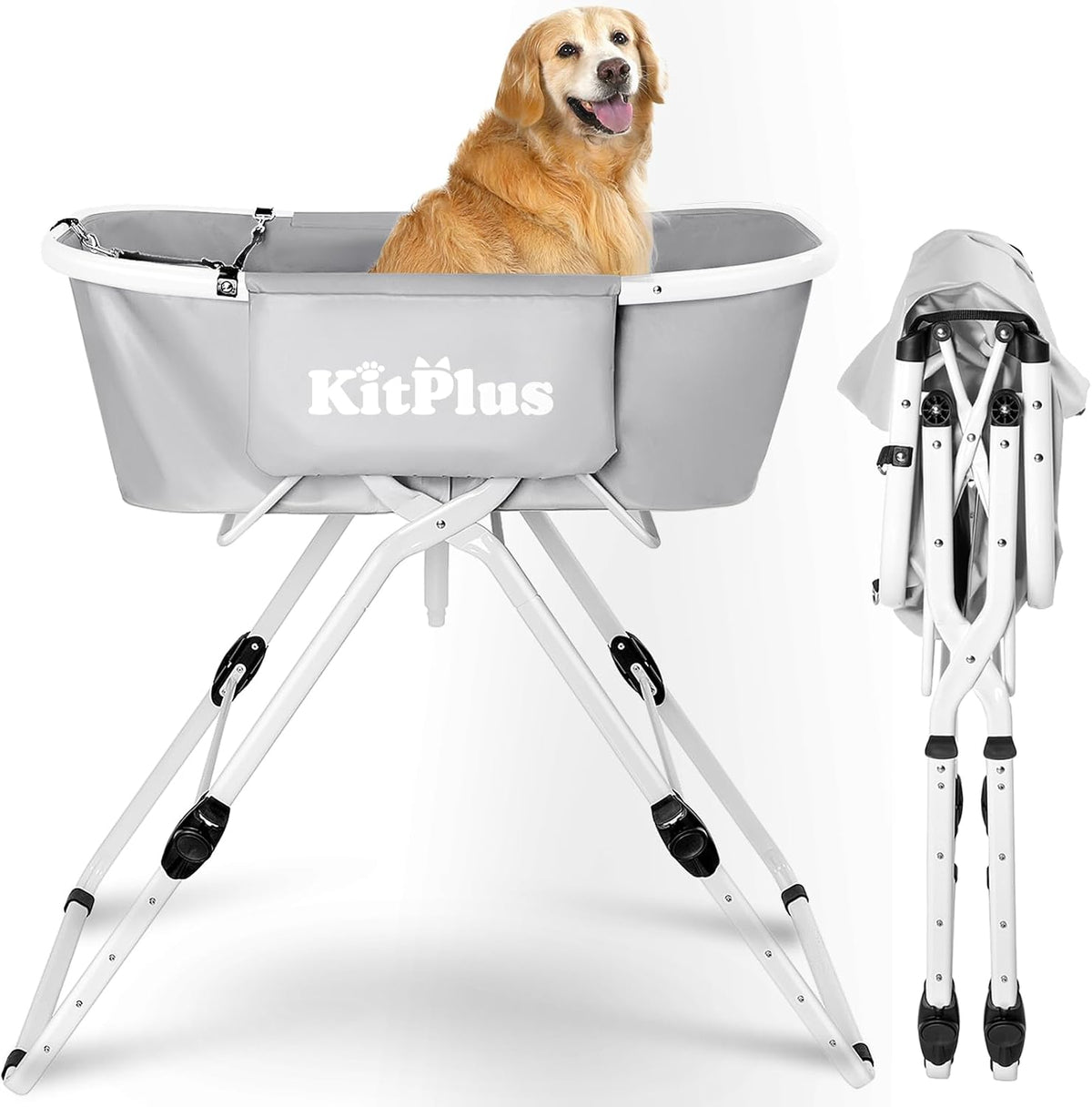 KITPLUS Portable Dog Bathtub, 5 Height Adjustable Dog Washing Station for Pet Shower and Grooming Foldable Bathing Tub with Storage & Anti-Slip Design for Small Large Dogs Cats