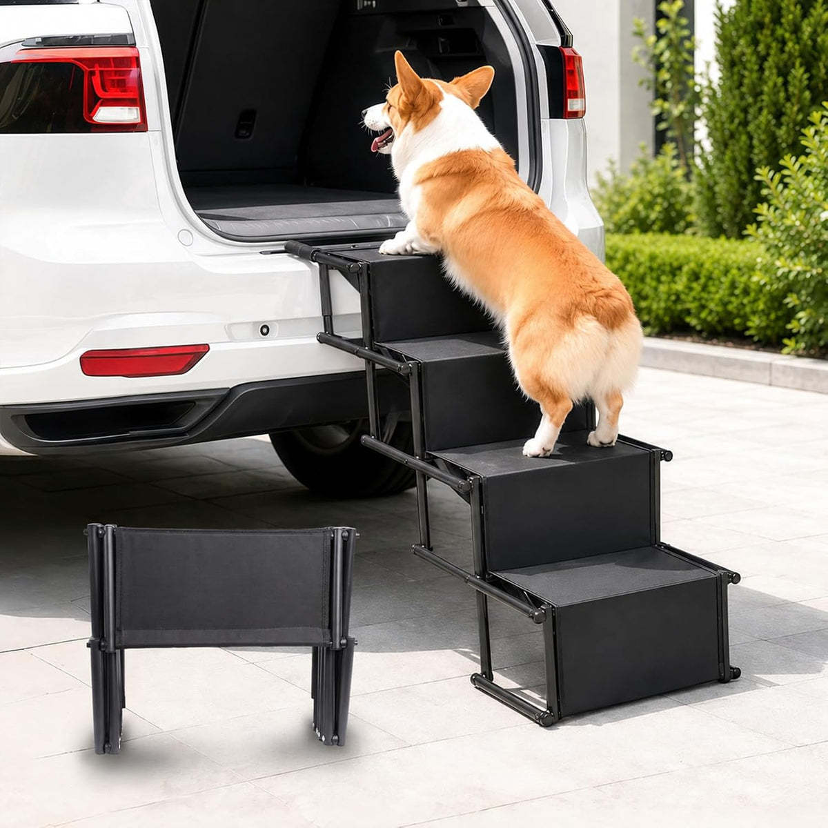 Dog Stairs for Large Dogs,4-Step Foldable Dog Ramp for Car with Non-Slip Surface & Oxford Fabric,Portable & Lightweight Pet Stairs for Suv,Truck,Bed & Couch,Supports up to 132 Lbs (Black)