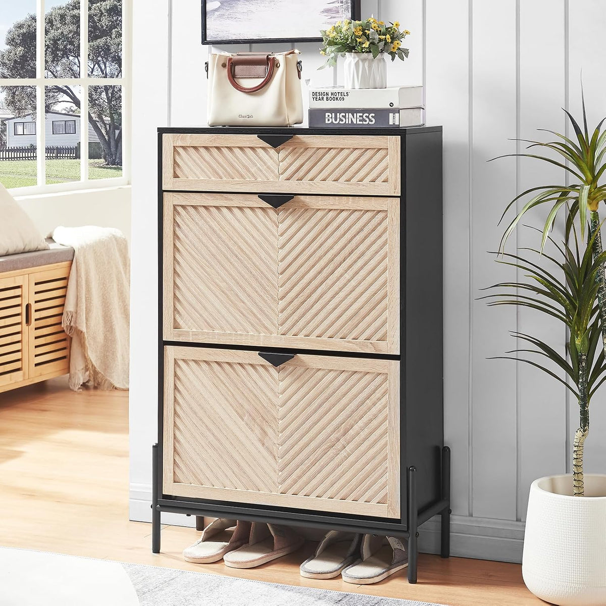 Shoe Cabinet with 2 Flip Drawers, Narrow Entryway Rack, Oak&Black