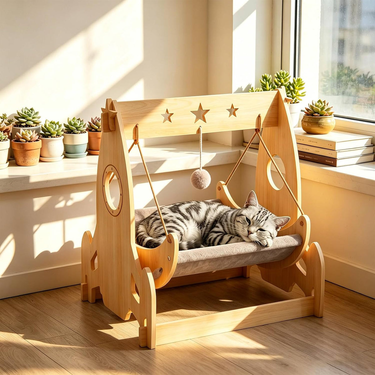 Cat Swing Hammock, Indoor Pet Swing for Cats & Small Dogs, 2 Washable Mats, Sturdy Frame Holds 44‑Lbs for Lounge & Sleep