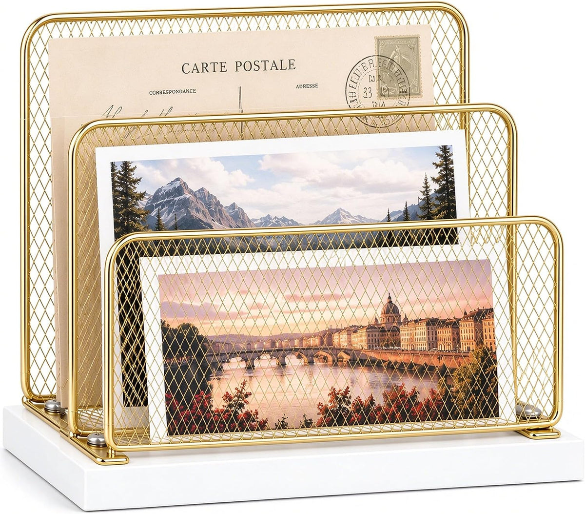 Wooden Mail Organizer, File Organizer for Desk, Gold