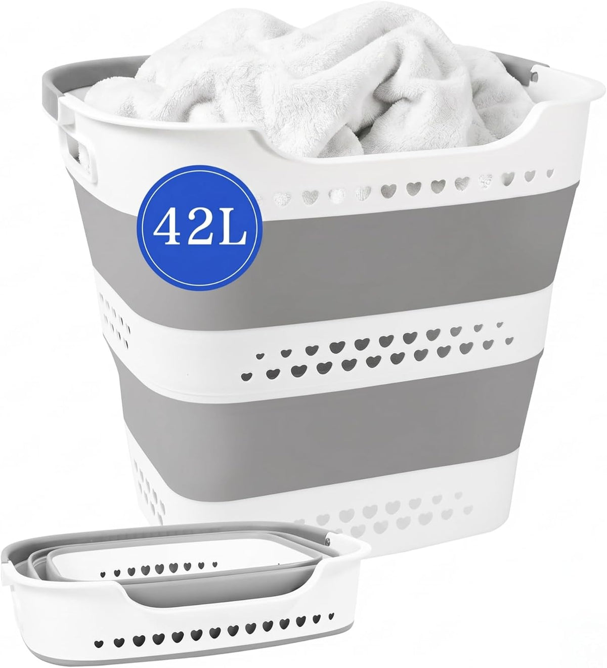 42L Collapsible Plastic Laundry Basket with Handle Foldable Laundry Hamper (Gery, 17 Inch * 15 Inch * 14 Inch) Pop up Storage Container Organizer for Washing Storage
