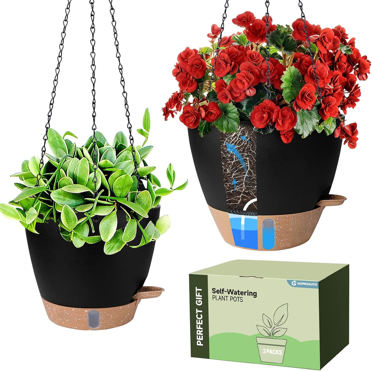 Self-Watering Hanging Planters with Water Level Window, 8/10 Inch Indoor Outdoor Hanging Plant Pots Includes Chain Hangers with Drainage Holes & Detachable Reservoir (Black, 8+10 Inch)