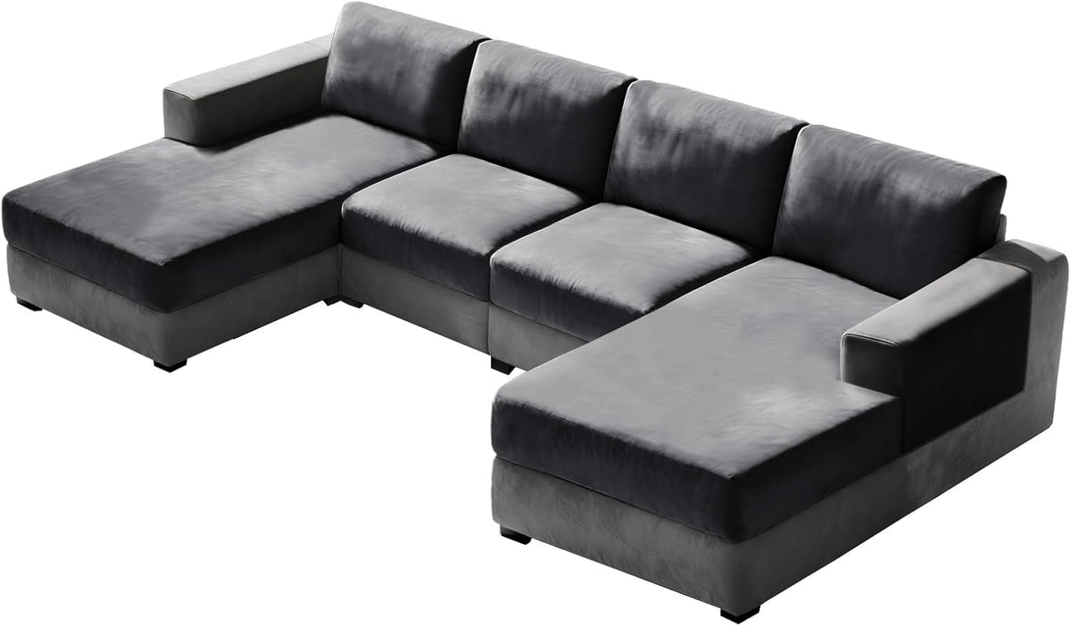 10 Pieces Sofa Cushion Covers for U-Shaped Modular Sectional Couch with 4 Seat+4 Back+2 Arms, Stretch Velvet Upholstered Covers for Sofa Bed with Deep Double Chaise (Grey,Universal (10 Pieces))