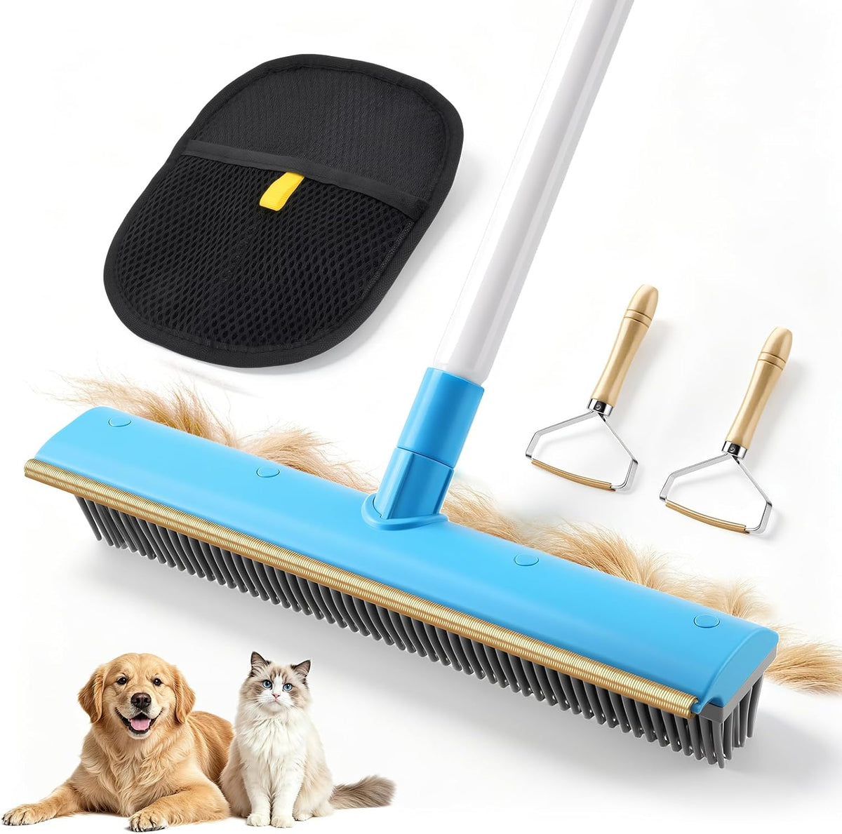 4 in 1 Carpet Rake for Pet Hair Removal Tool, 60'' Dog Cat Hair Remover Kit