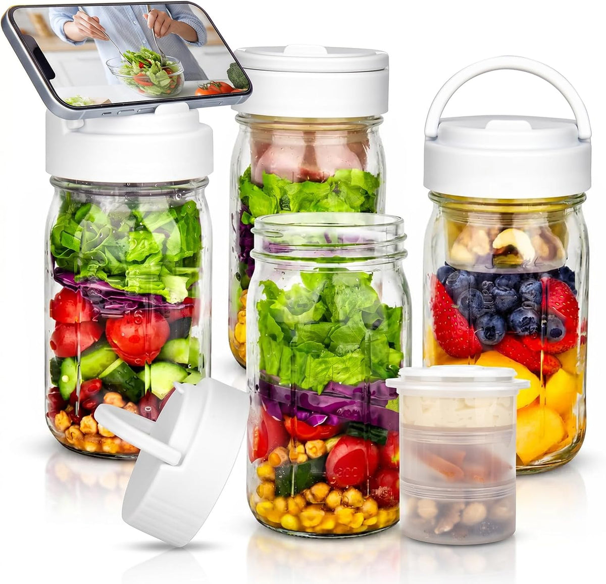 32Oz Glass Salad Jars 4 Pc, Meal Prep Containers with Handle 3 Divider Cups