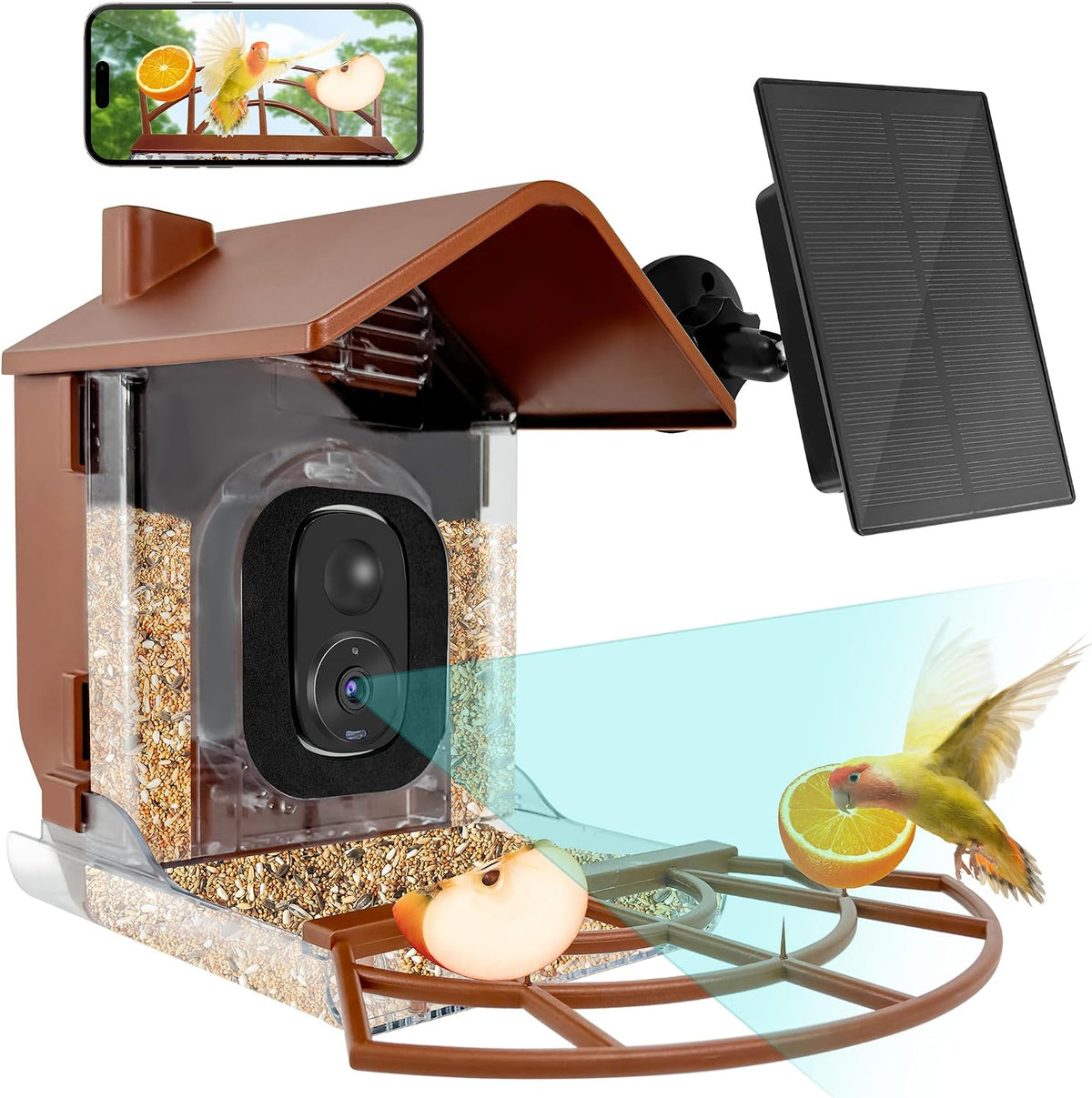 Bird Feeder with Camera Smart Solar Powered Camera Bird Feeder 2K HD Live Feed Cam for Outdoor Backyard, AI Identify Auto Capture Videos Motion Detection 2.4/5Ghz Wifi Gifts for Birds Lovers (Brown)
