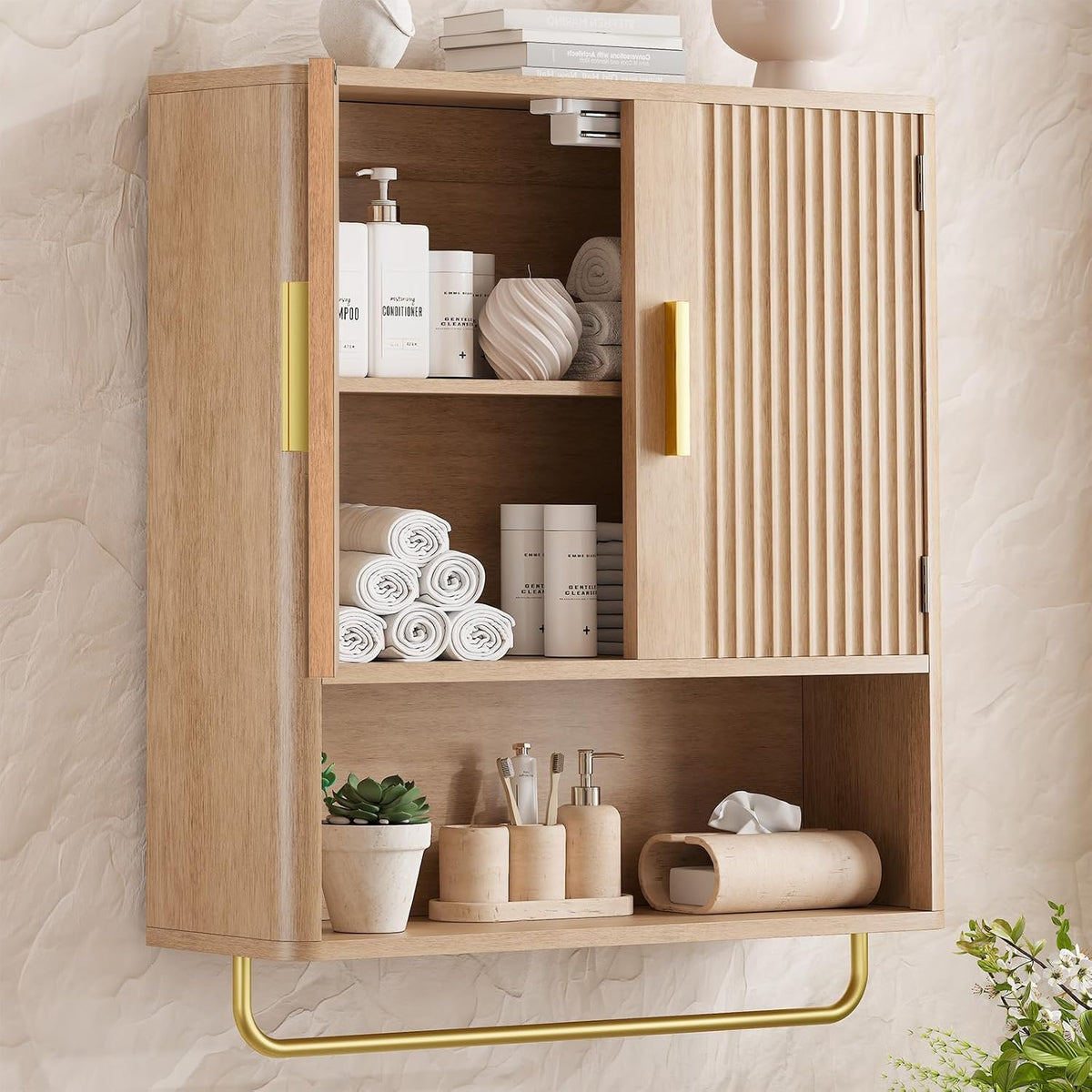 Bathroom Wall Cabinet, Medicine Cabinet with Fluted Door & Adjustable Shelf