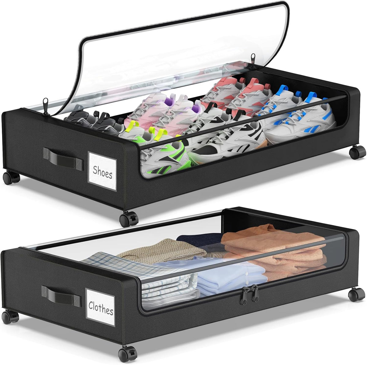 Molutsody under Bed Storage with Wheels, 2-Pack Underbed Storage Containers with Clear Lids, under Bed Shoe Storage Organizer, Rolling under the Bed Storage Bins for Clothes Shoes Blankets (Black)