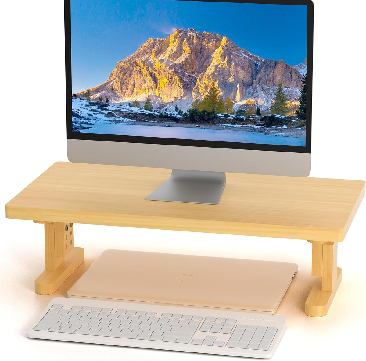 Bamboo Monitor Stand Riser for Desk with 4-Level Height Adjustment