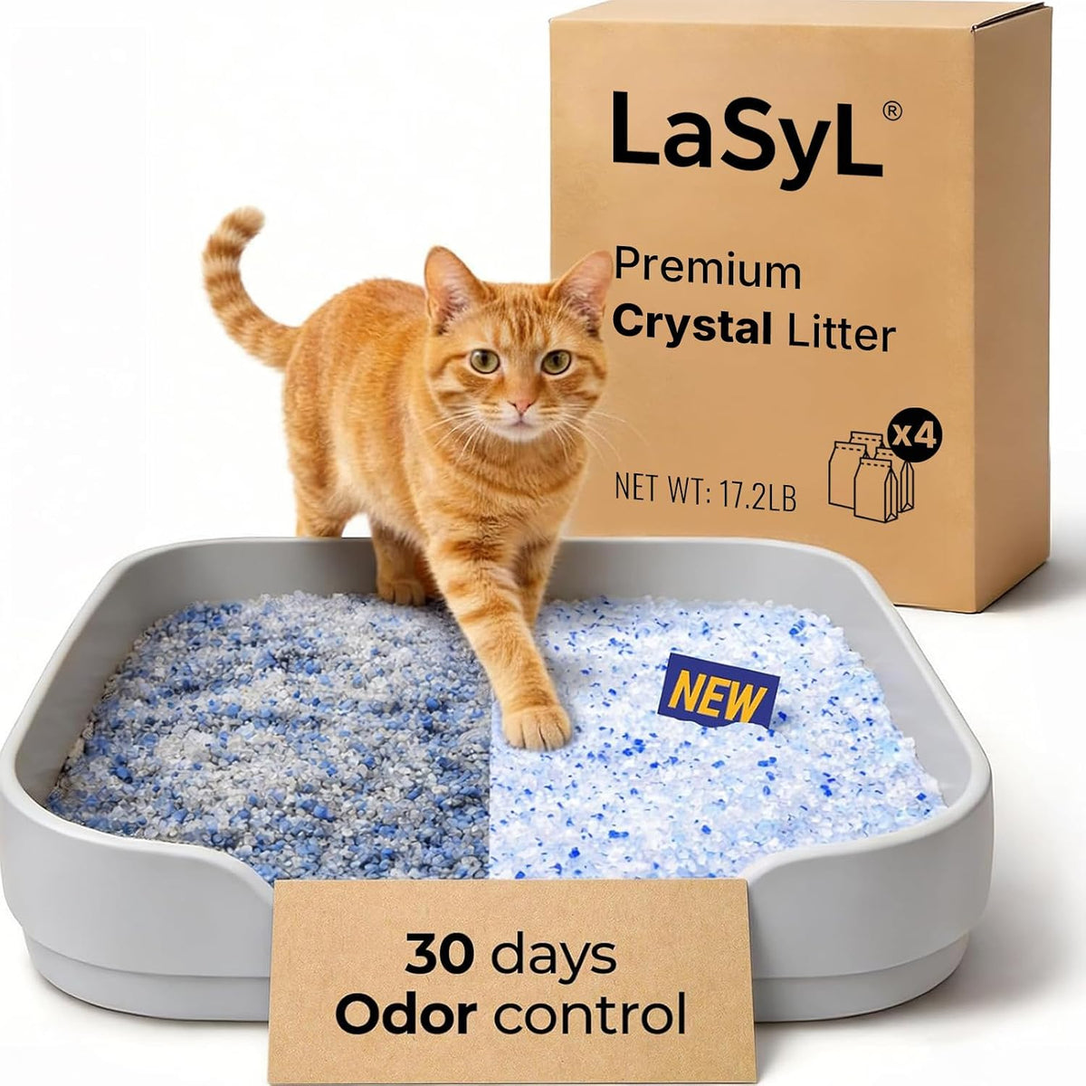 Lasyl Crystal Cat Litter for Multi-Cat Households - Silica Gel, 30-Day Odor Control, 99.9% Dust-Free Non-Clumping Low Tracking Lightweight Unscented Formula 17.2 Lb (4 Bags X 4.3Lb)