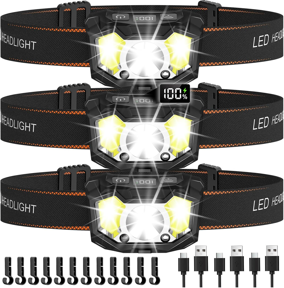 Rechargeable Headlamp, Super Bright Head Lamp, LED Headlight, 3Pack