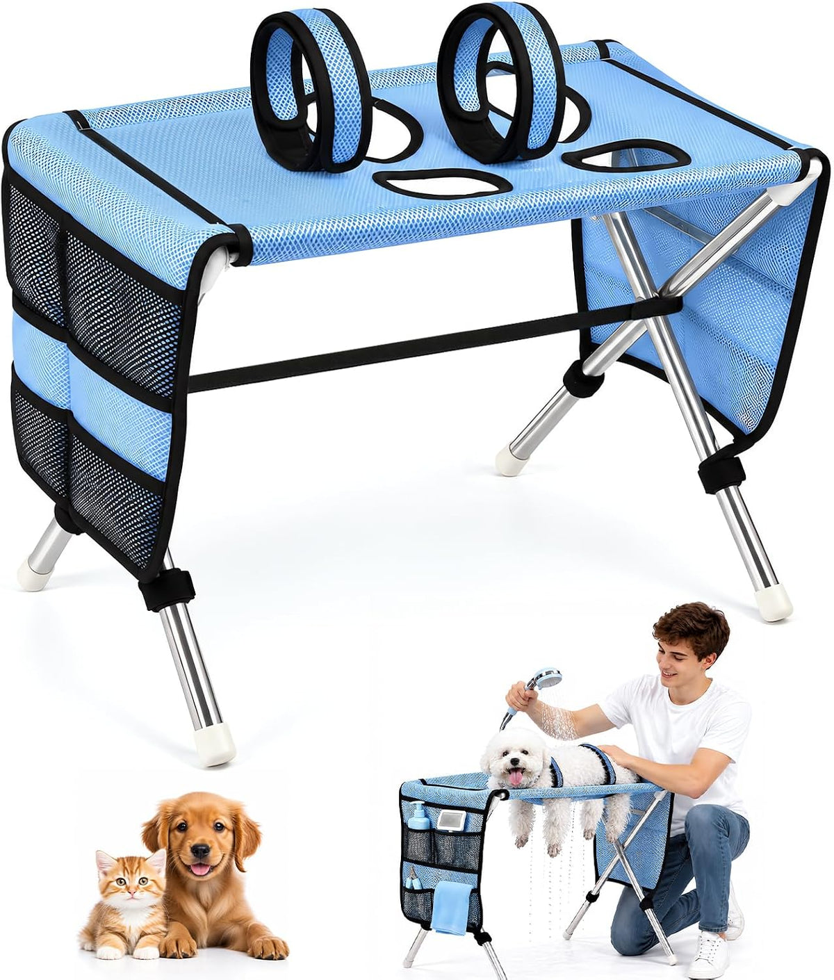 Pet Grooming Table for Small Dogs and Cats, Elevated Grooming Station with Stainless Steel Stand and Quick-Dry Mesh, Dog Grooming Hammock Stand for Bathing, Nail Trimming, Brushing, Drying, 30 Lb