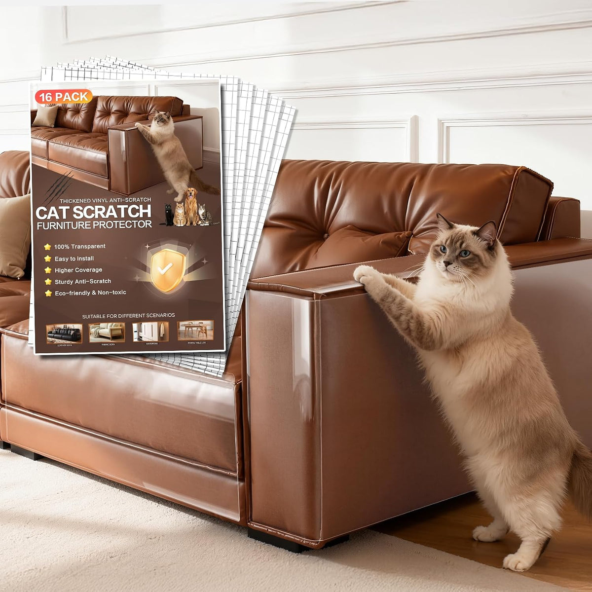 JKLMN Clear Vinyl Cat Scratch Protector for Leather Furniture – Easy-To-Apply & Removable Sofa Corner Guard, Anti-Scratch Tape for Cats (16-Pack)