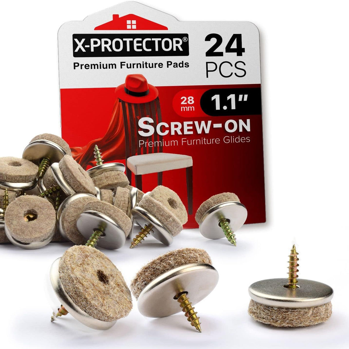 Screw-On Felt Pads X-Protector –24 Felt Chair Pads for Hardwood Floors 1.1"