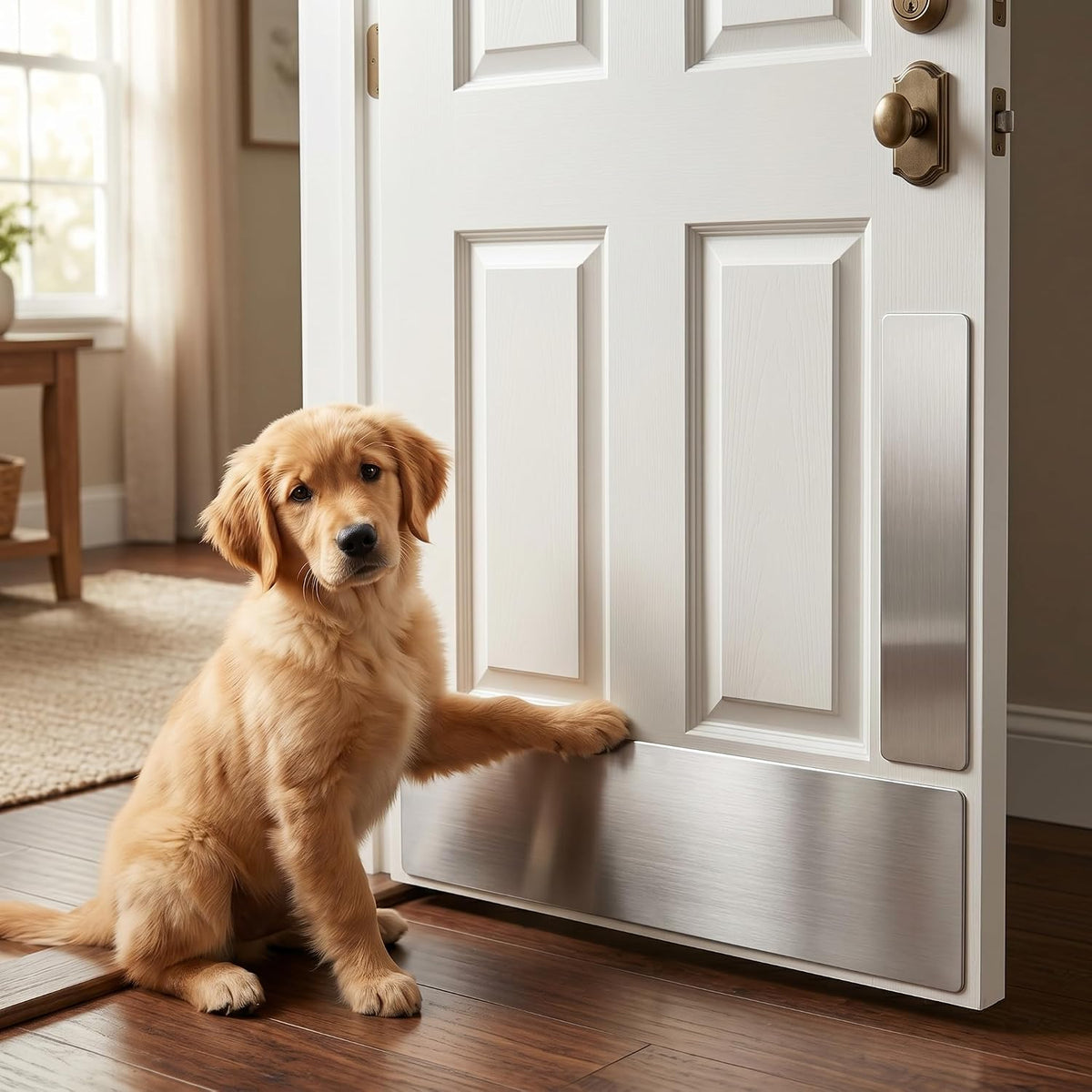 2-In-1 Door Kick Plate Bundle — 6"X28" Bottom + 4"X16" Under-Handle Scratch Guard, Self-Adhesive Anodized Aluminum, Complete Anti-Scratch Dog Door Protector Kit for Interior & Exterior Doors (Silver)