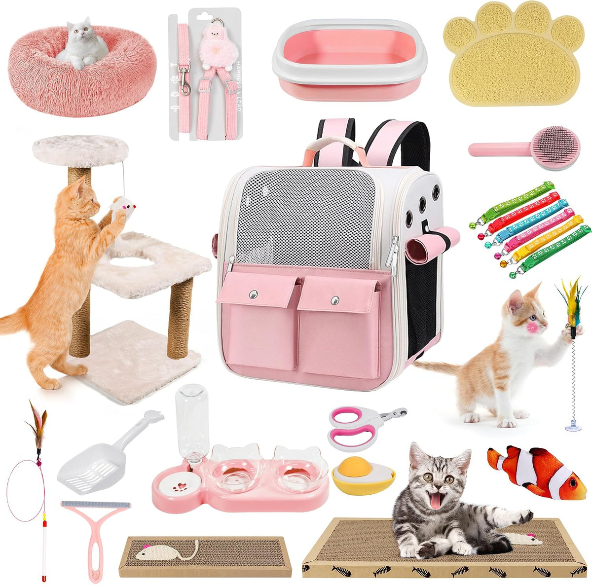 Kitten Starter Kit, 20 Pcs Bed, Carrier, Litter Box, Mat, Bowls - Pink
