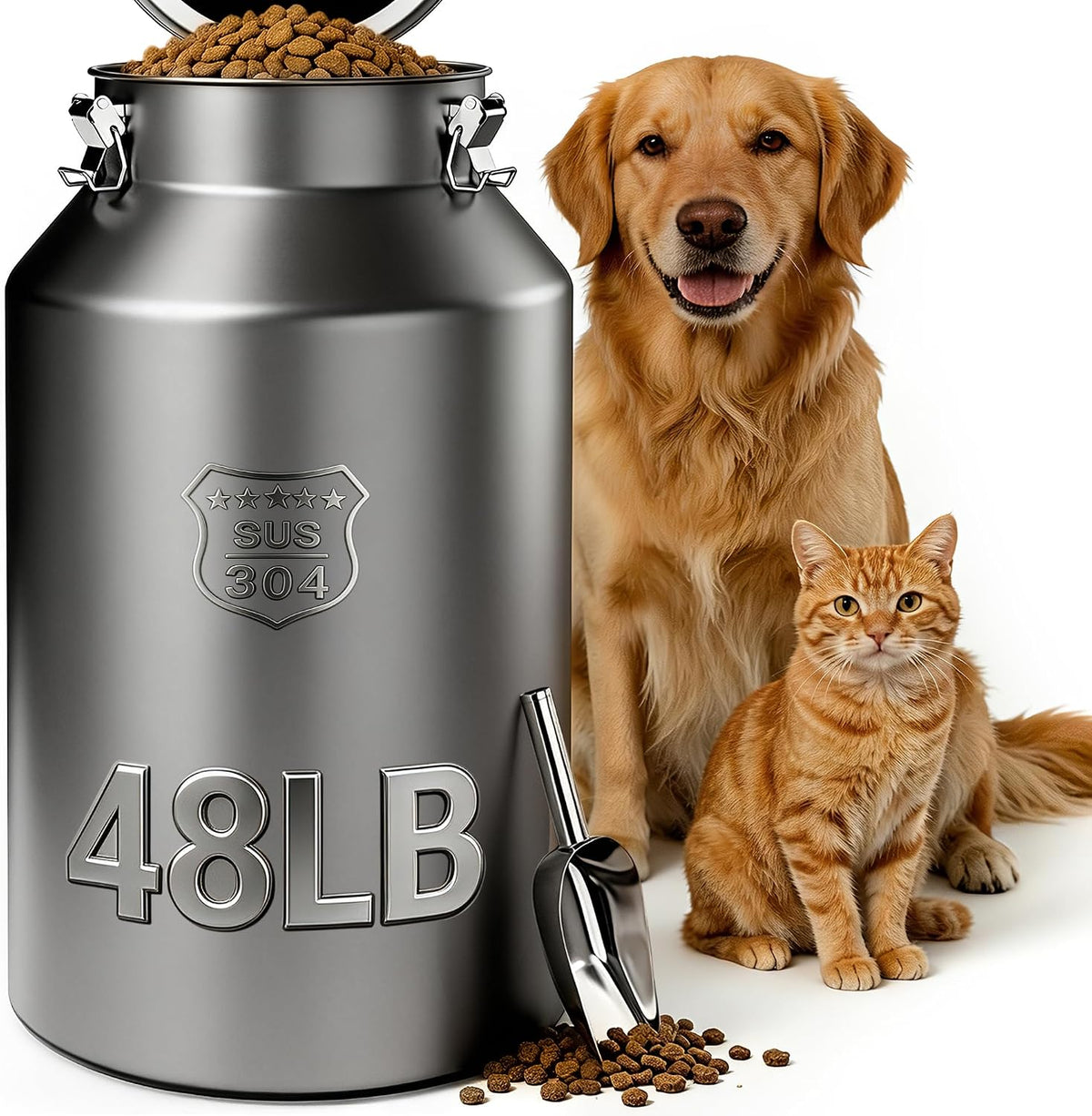 IPOW 40 Lb Large 304 Stainless Steel Dog Food Bin with Airtight Lid, Pet Food Container for Dogs & Cats, Keep Fresh, Easy to Clean
