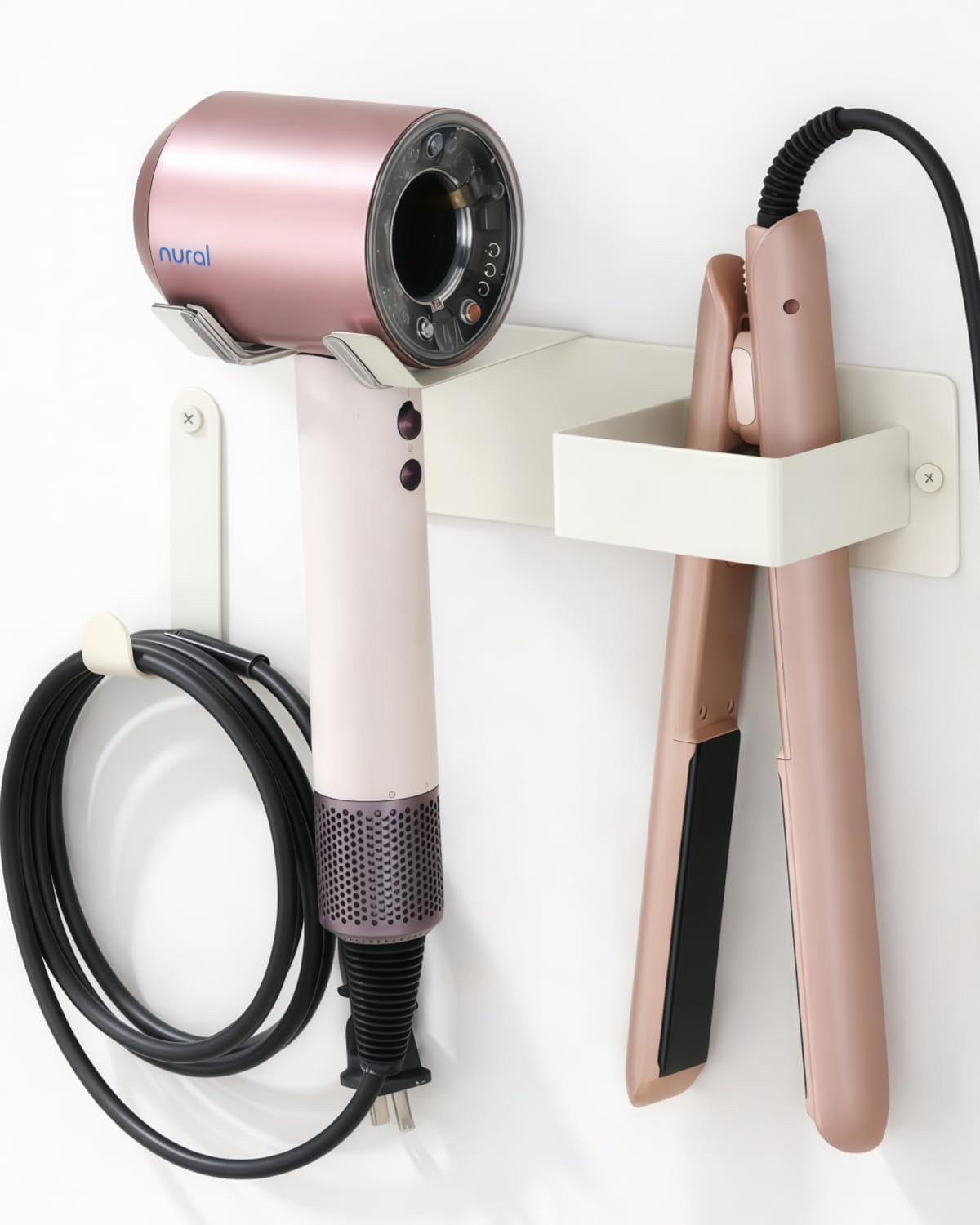 Hair Dryer and Straightener Holder, Hair Tool Organizer Wall Mount for Bathroom, Stainless Steel Straightener Holder, Blow Dryer Holder Adhesive/Drilling Hairdryer Stand White UEMUSI