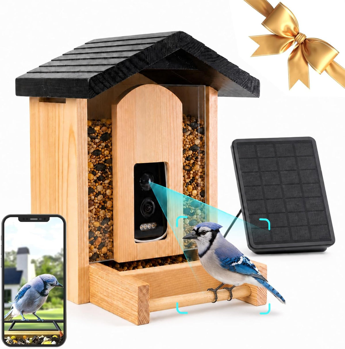 Smart Wooden Bird Feeder with 2.5K Ultra-Wide-Angle AI Camera Solar Powered