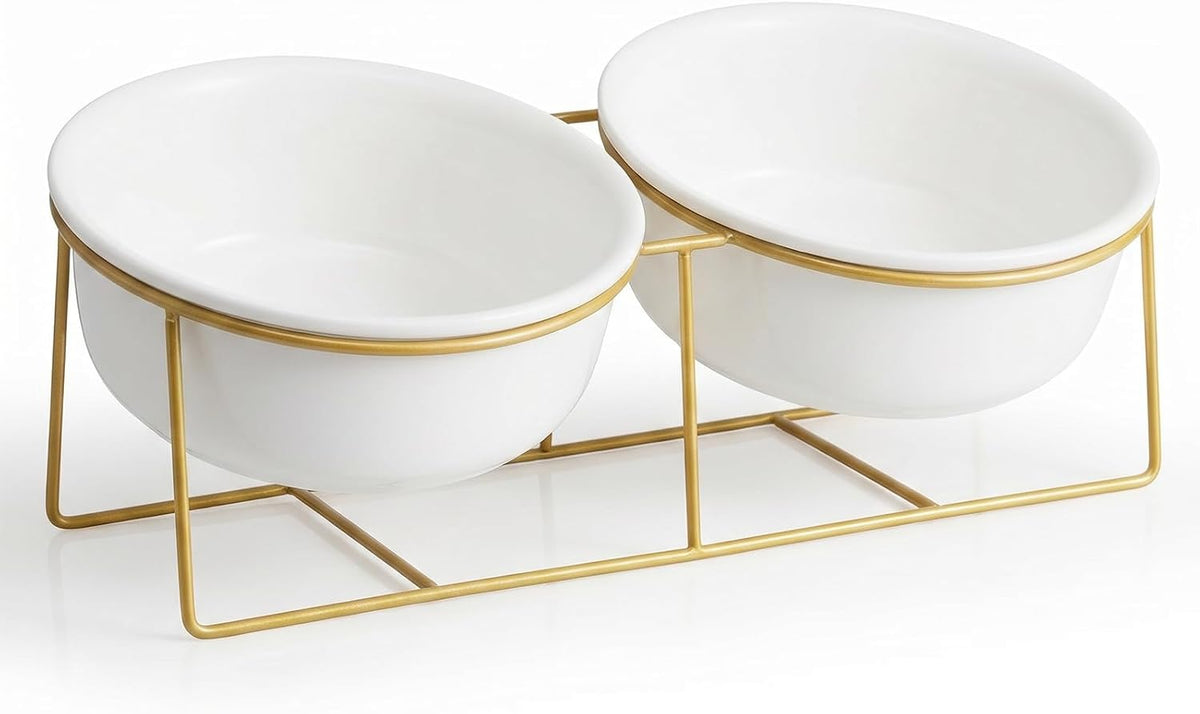 Large Small Double Elevated Dog Bowls - Raised Dog Bowl - Ceramic Dog Cat Bowl Set for Food and Water - Pet Comfort Feeding Bowls with Gold Iron Stand