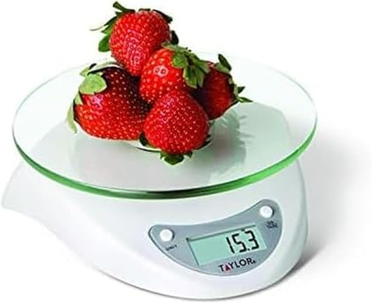 Taylor Digital Kitchen Scale with Glass Platform, Tare Button, and Plastic Body Weighs up to 11 Pounds Capacity, White