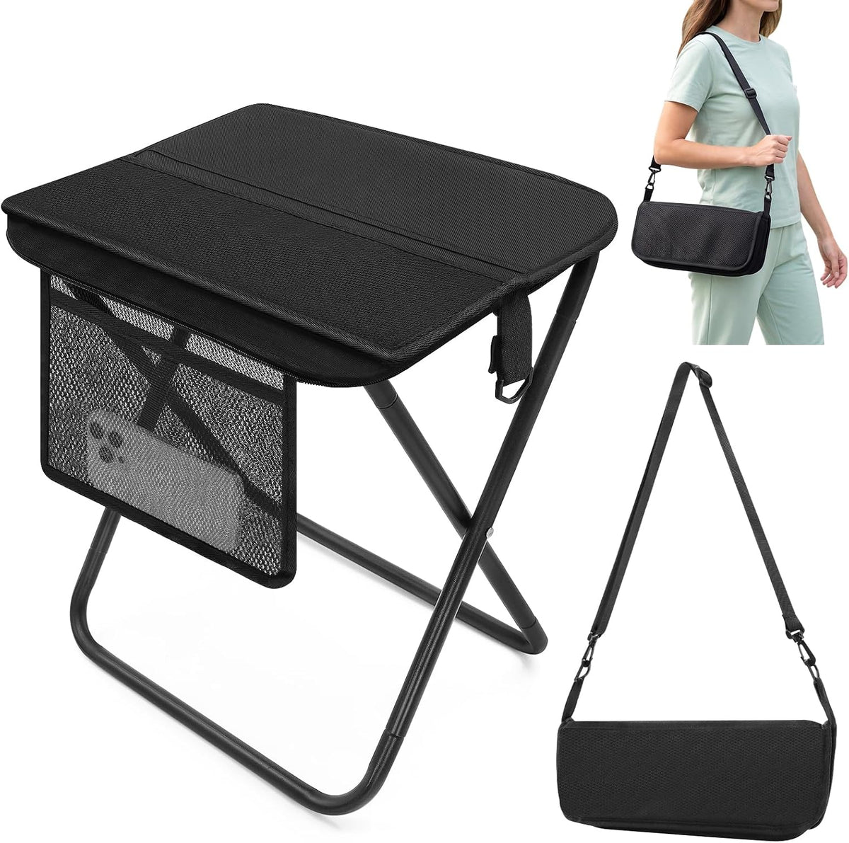 Portable Folding Camp Stool with Side Pocket, Lightweight Foldable Camping Stool for Adults, Backpacking Travel Fishing Stool Chair, Compact Folding Seat with Storage Bag