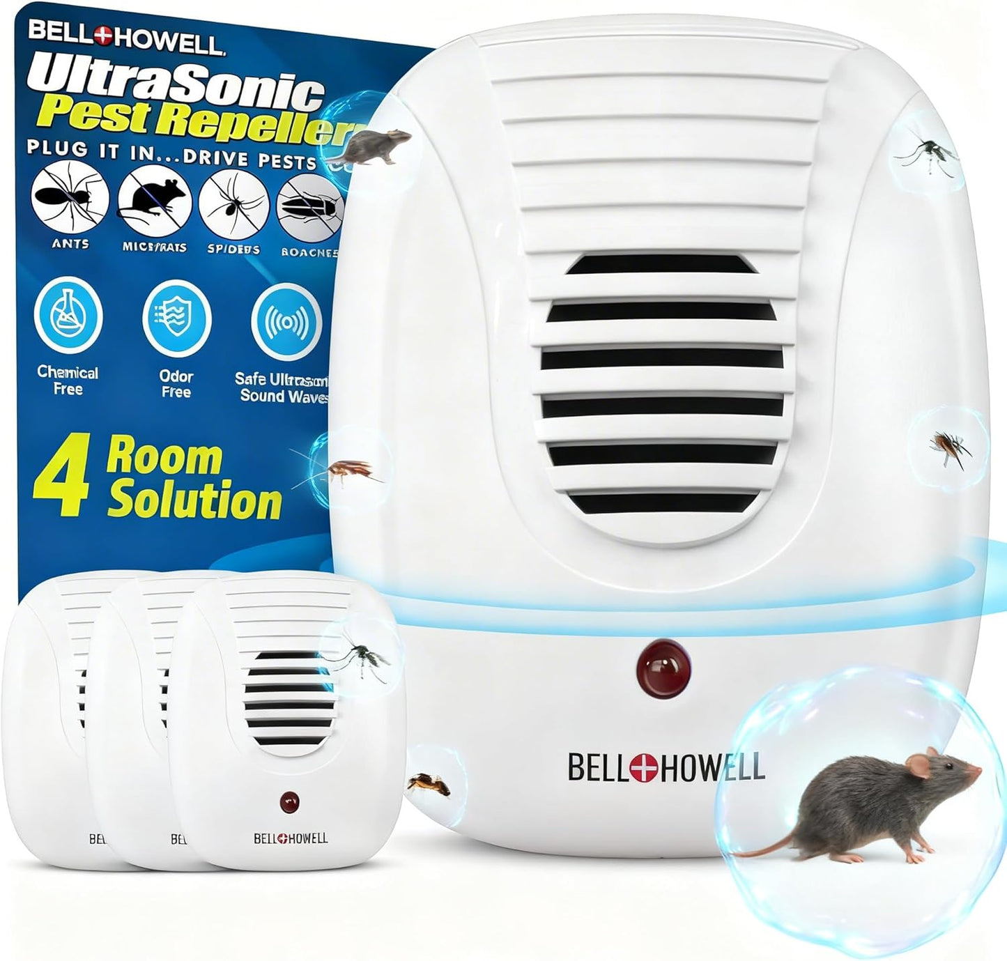 Bell + Howell Ultrasonic Pest Repeller Home Kit (Pack of 4), Ultrasonic Pest Repeller, Pest Repellent for Home, Bedroom, Office, Kitchen, Warehouse, Hotel