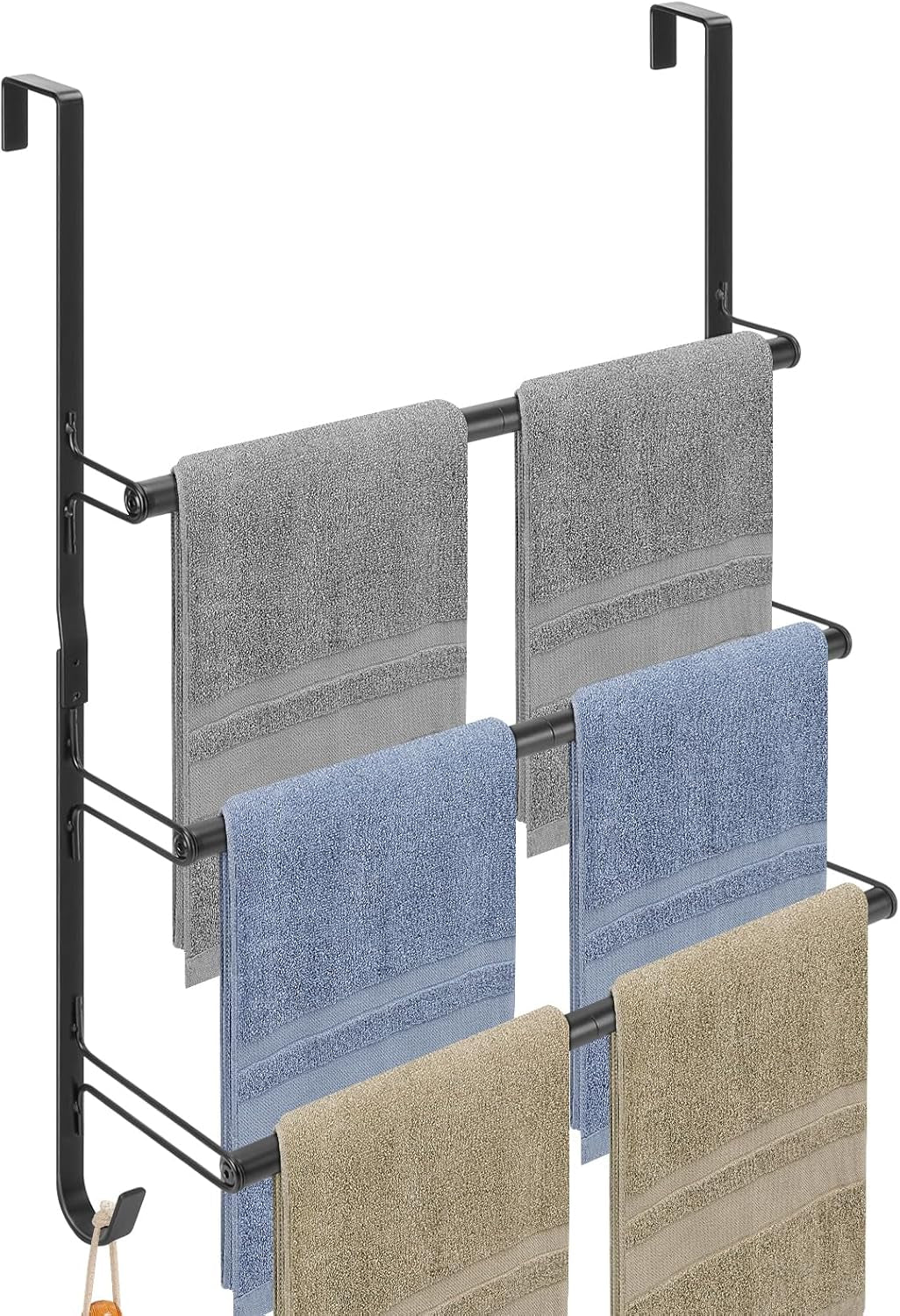 Livabber 3-Tier over the Door Towel Rack, All Metal Towel Rack with Hooks for Door Hanging, behind Door Towel Bar Towel Storage Holder for Bathroom Accessories, Black (19.37" L X 5.9" W X 24.4" H)