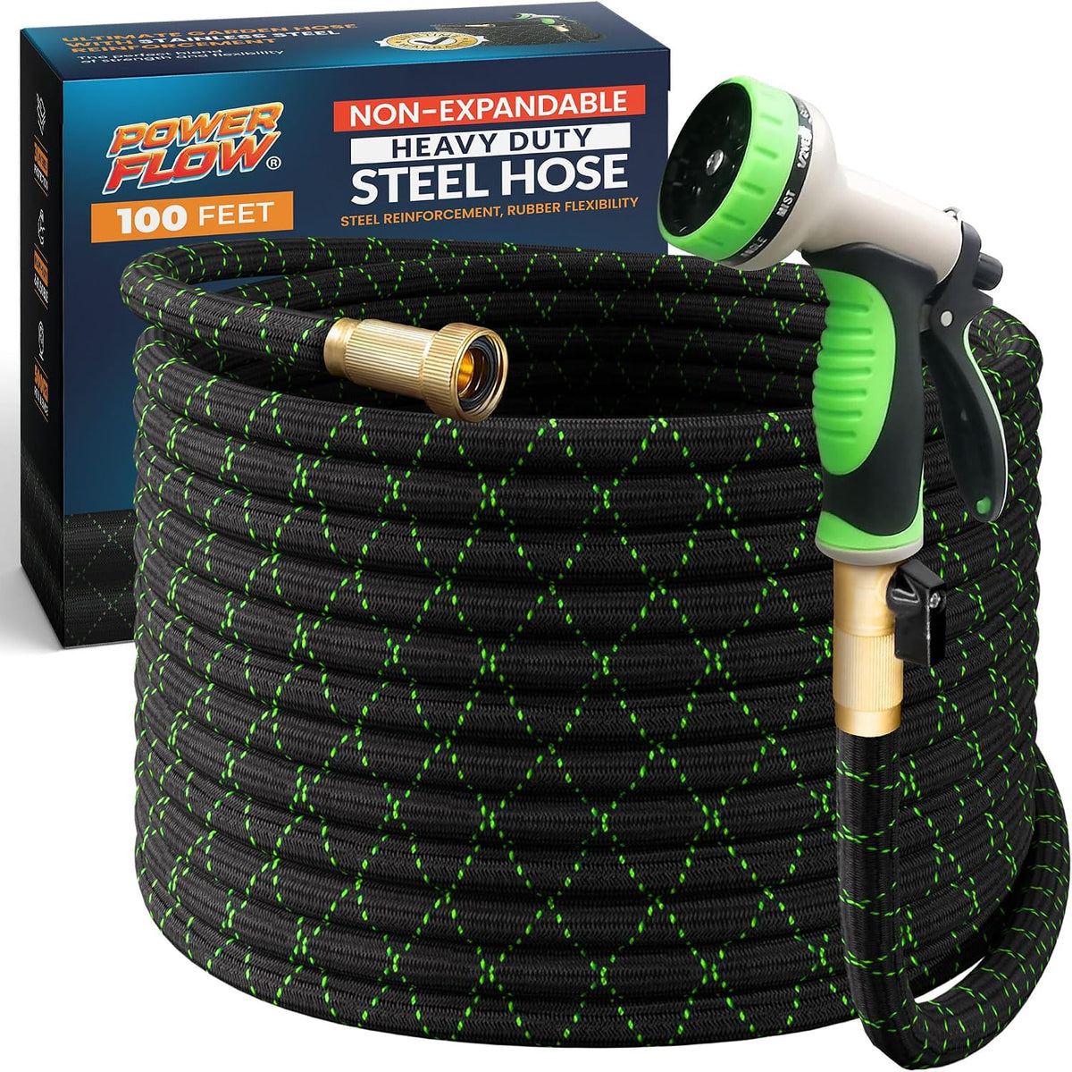 Powerflow Metal Garden Hose, 100 Ft Non-Expandable Water Hose, Black